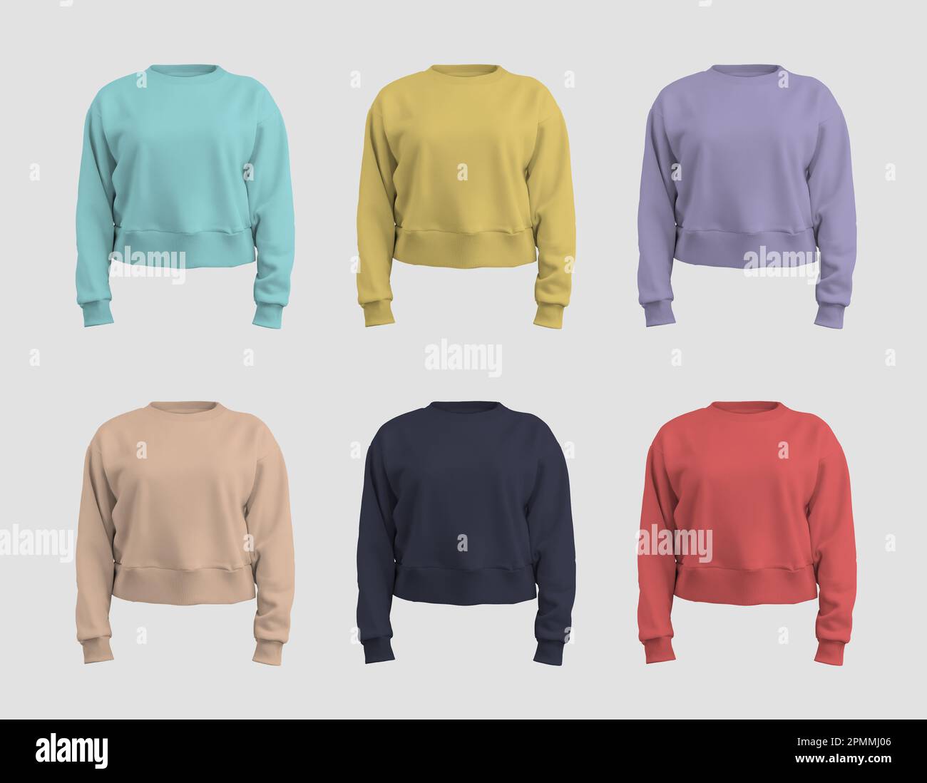 Mockup of female crop sweatshirt, yellow, violet, dark blue, tan, nude,  red, turquoise, shirt canvas bella 3D rendering, isolated on background.  Set Stock Photo - Alamy