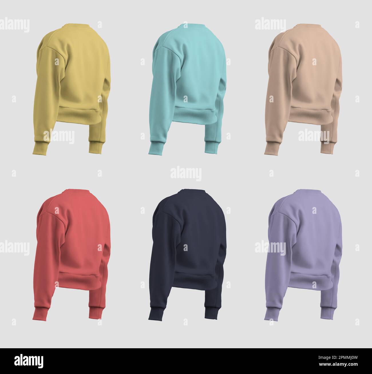 Mockup yellow, violet, dark blue, tan, nude, red, turquoise canvas bella 3D rendering sweatshirt crop, back view. Set of shirts for design, brand. Sty Stock Photo