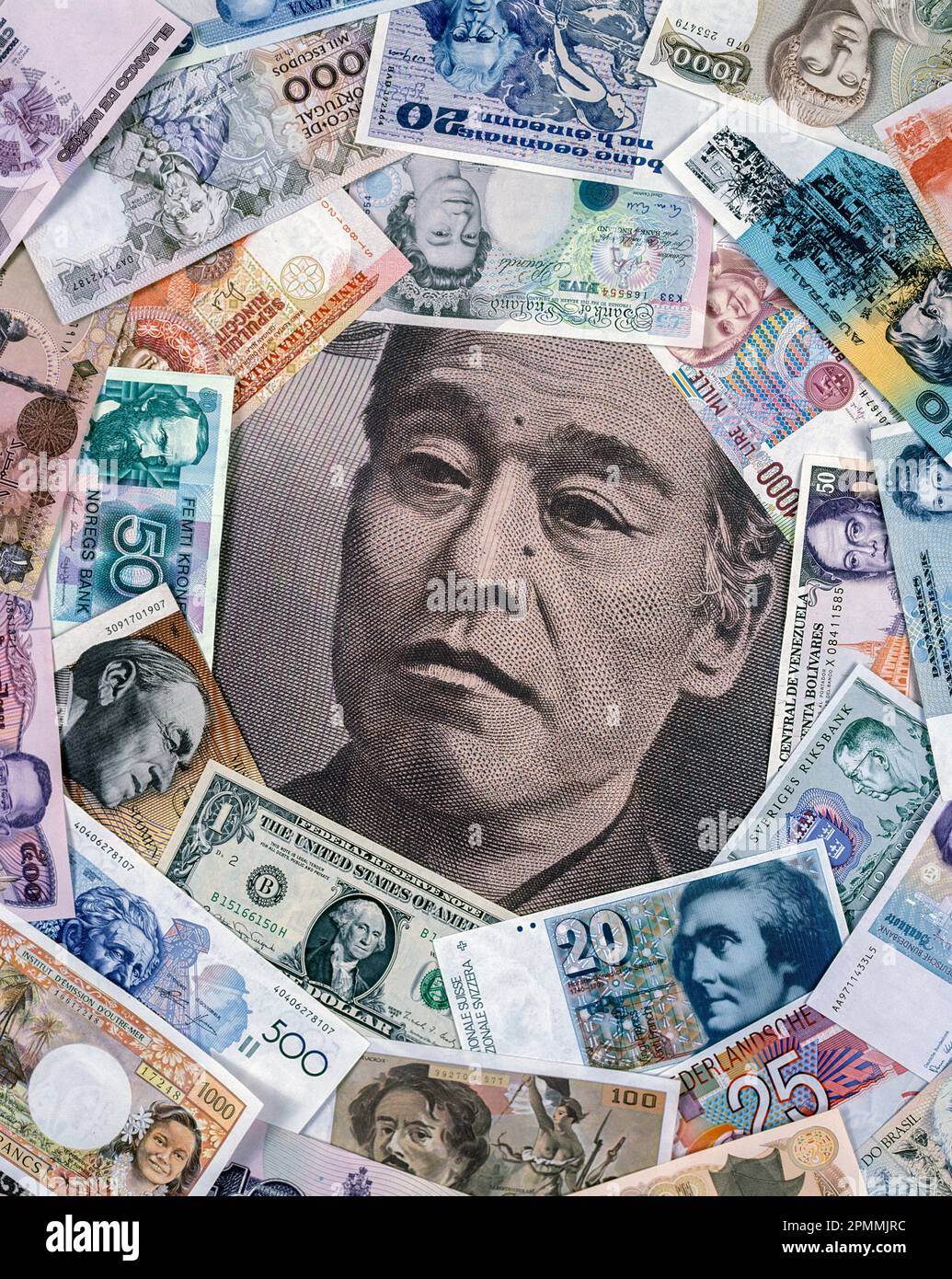 1991 HISTORICAL GIANT JAPANESE 10000 YEN BANK NOTE ENCIRCLED BY NATIONAL BANK NOTES Stock Photo