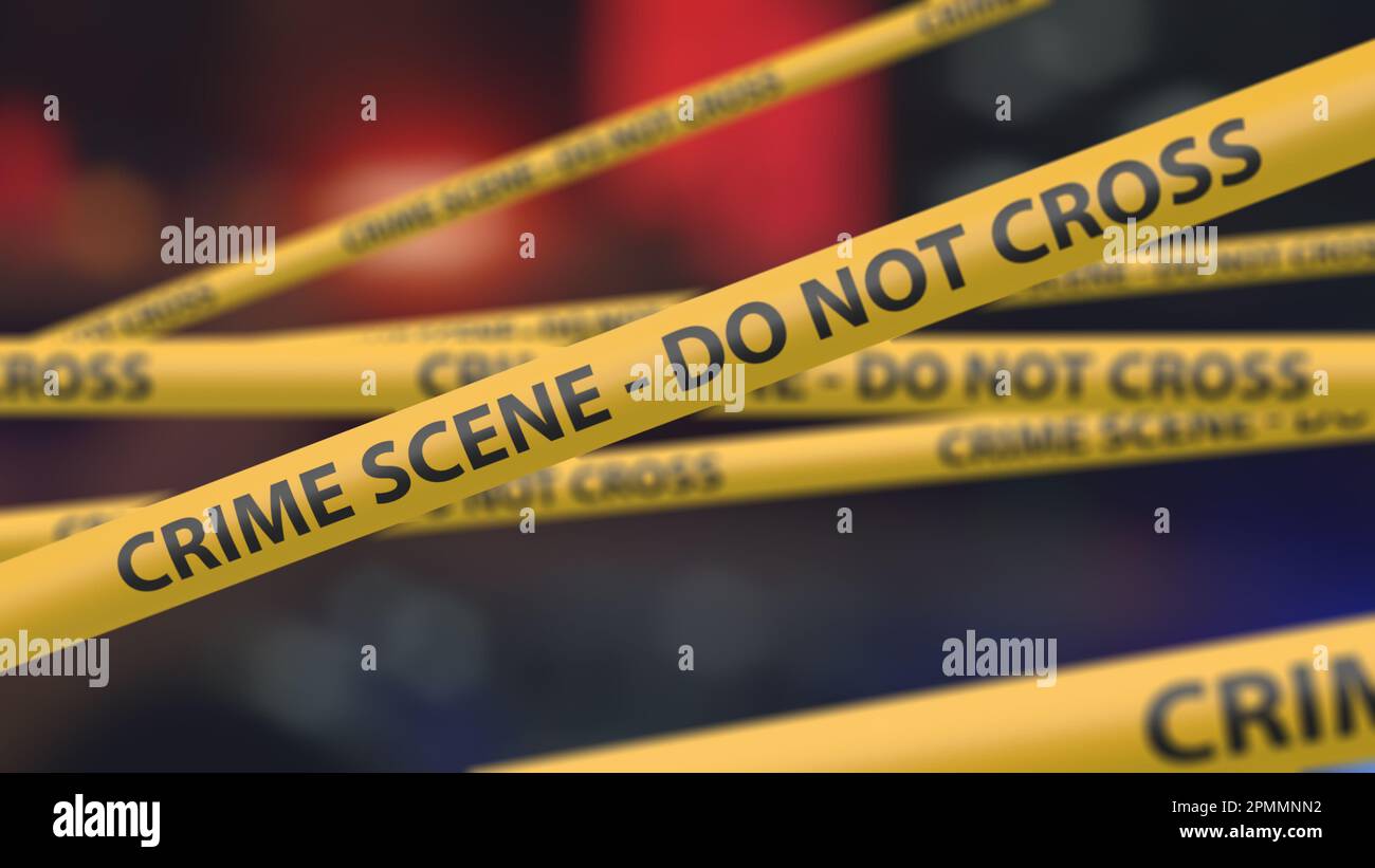 Crime scene do not cross tape with police car background Stock Photo