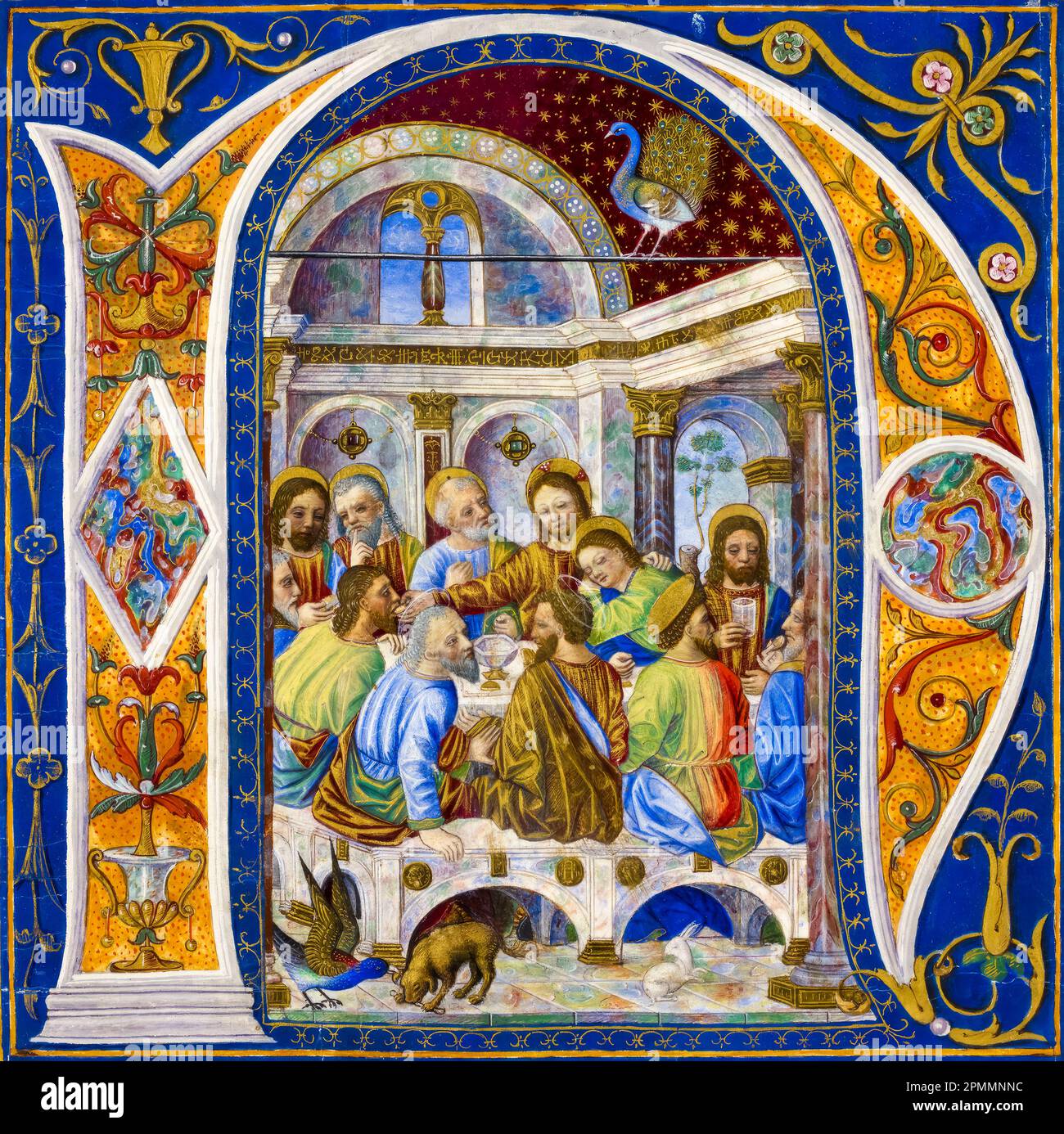 The Last Supper, historiated initial N, miniature illuminated