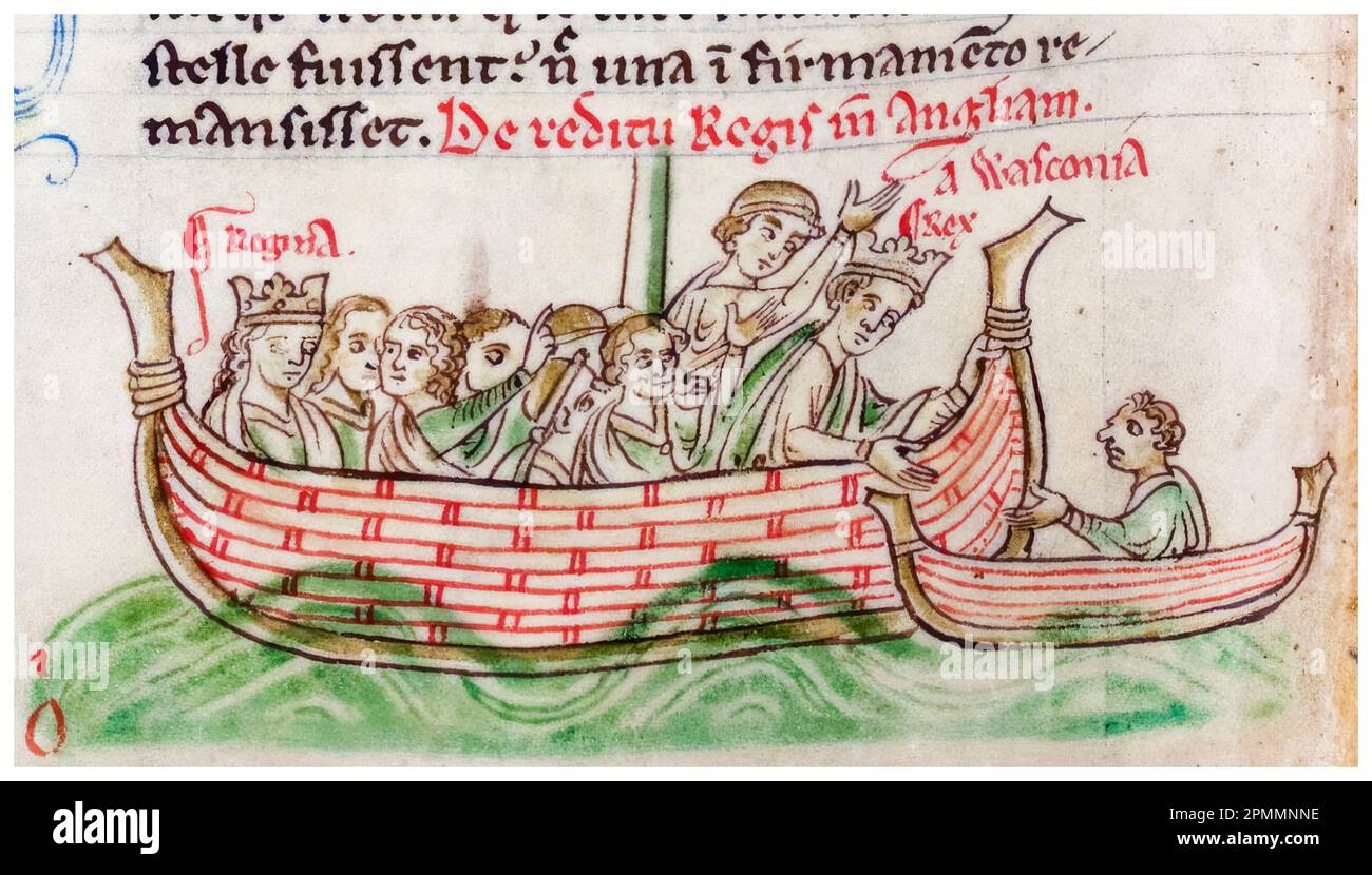Henry III of England (1207-1272) and Eleanor of Provence (circa 1223-1291) returning from Poitou, France, in 1243, illuminated manuscript painting by Matthew Paris, before 1399 Stock Photo
