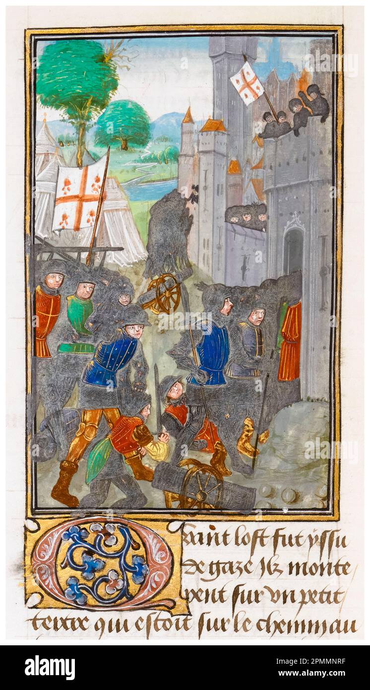 Crusades: The capture of Gaza by Saladin's army in 1187, miniature illuminated manuscript in painting by an assistant to the Master of the Flemish Boethius, 1479-1480 Stock Photo