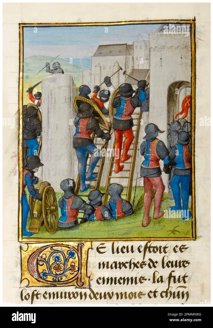 Crusades: Knights and Crusaders attack the walls of Nicaea at the Siege of Nicaea in 1097, miniature illuminated manuscript painting by the illuminators of Paris, 1479-1480 Stock Photo