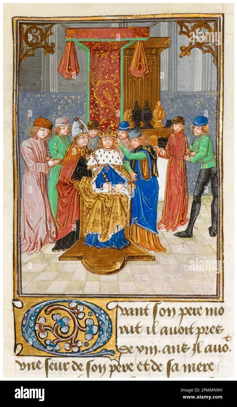 Coronation of Baldwin IV (1161-1185), King of Jerusalem (1174-1185), miniature illuminated manuscript painting by an assistant to the Master of the Flemish Boethius, 1479-1480 Stock Photo