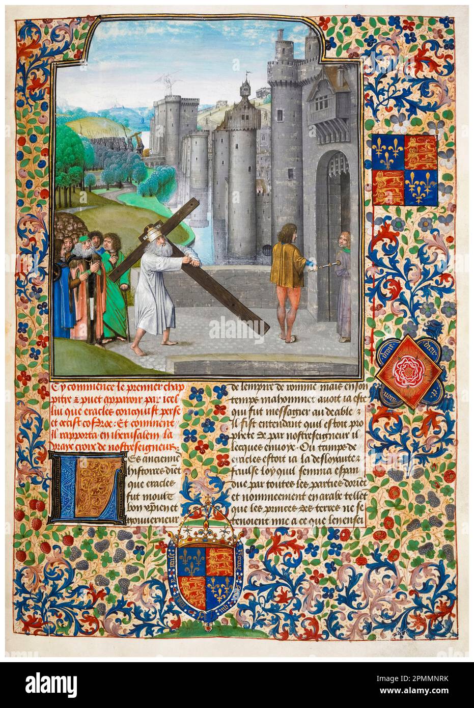 Heraclius brings back the true Cross to Jerusalem, miniature illuminated manuscript painting, 1479-1480 Stock Photo