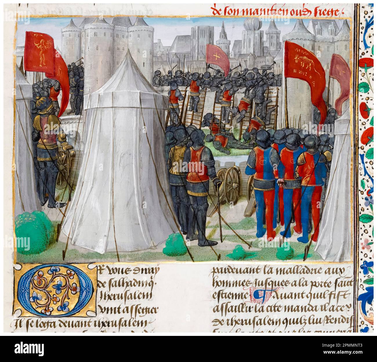 Crusades: The Siege of Jerusalem by Saladin in 1187, miniature illuminated manuscript painting by Master of the Flemish Boethius, 1479-1480 Stock Photo