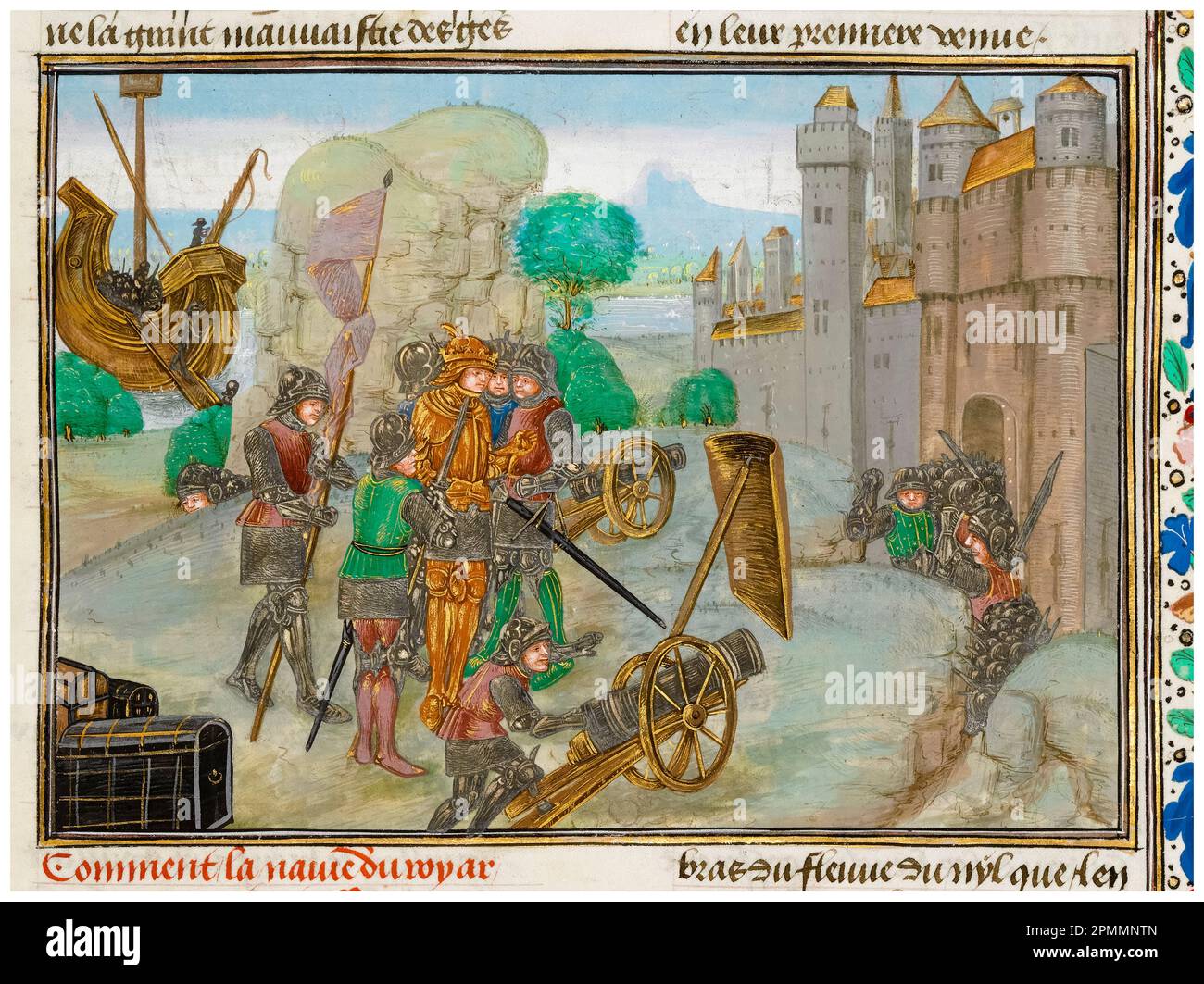 Crusades: The attack on Tanis, Egypt, by Amalric I of Jerusalem in 1168, miniature illuminated manuscript painting by an assistant of the Master of the Flemish Boethius, 1479-1480 Stock Photo