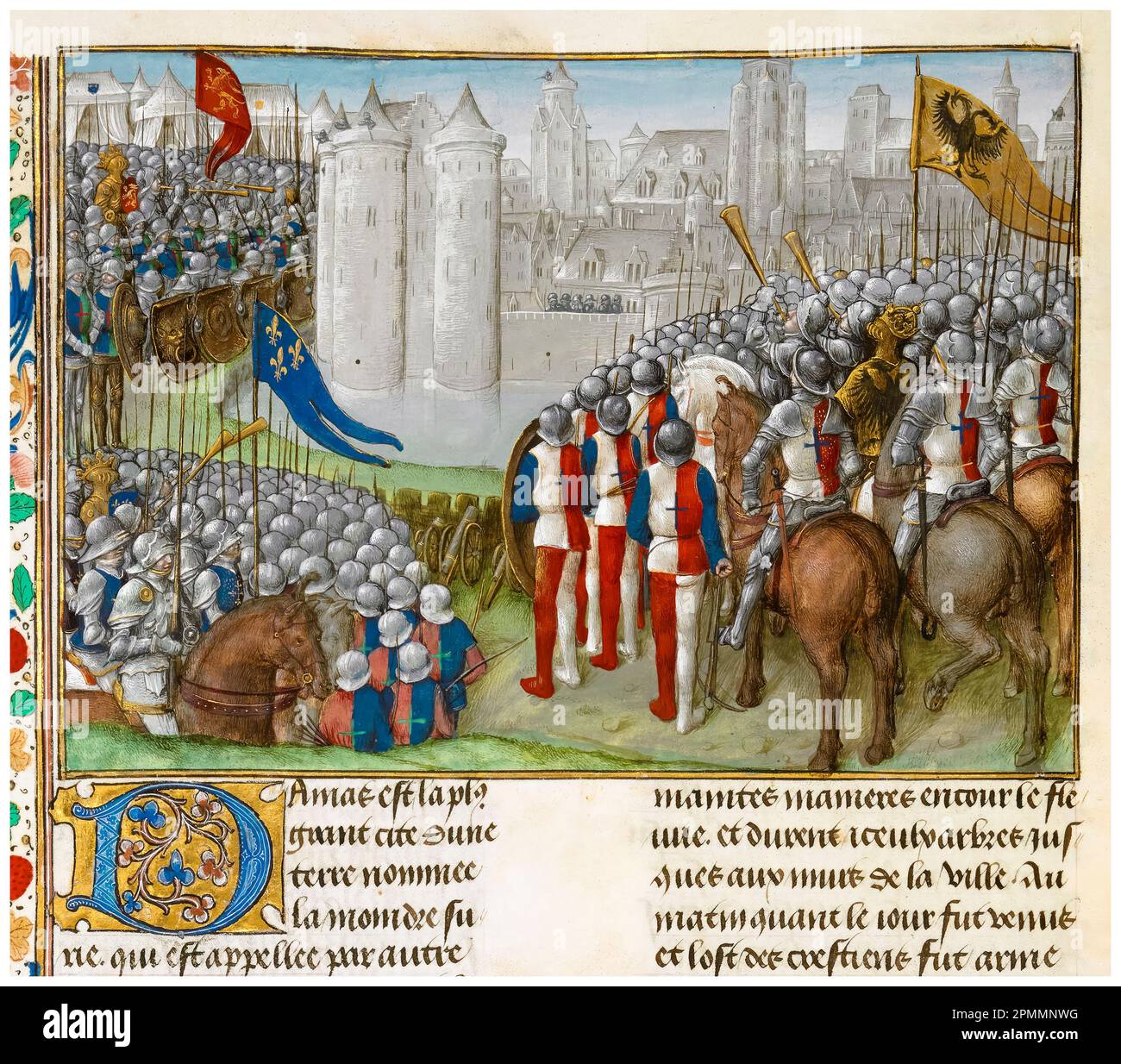 Crusades: The Siege of Damascus (24-28th July 1148), a battle during the Second Crusade, miniature illuminated manuscript painting, 1479-1480 Stock Photo