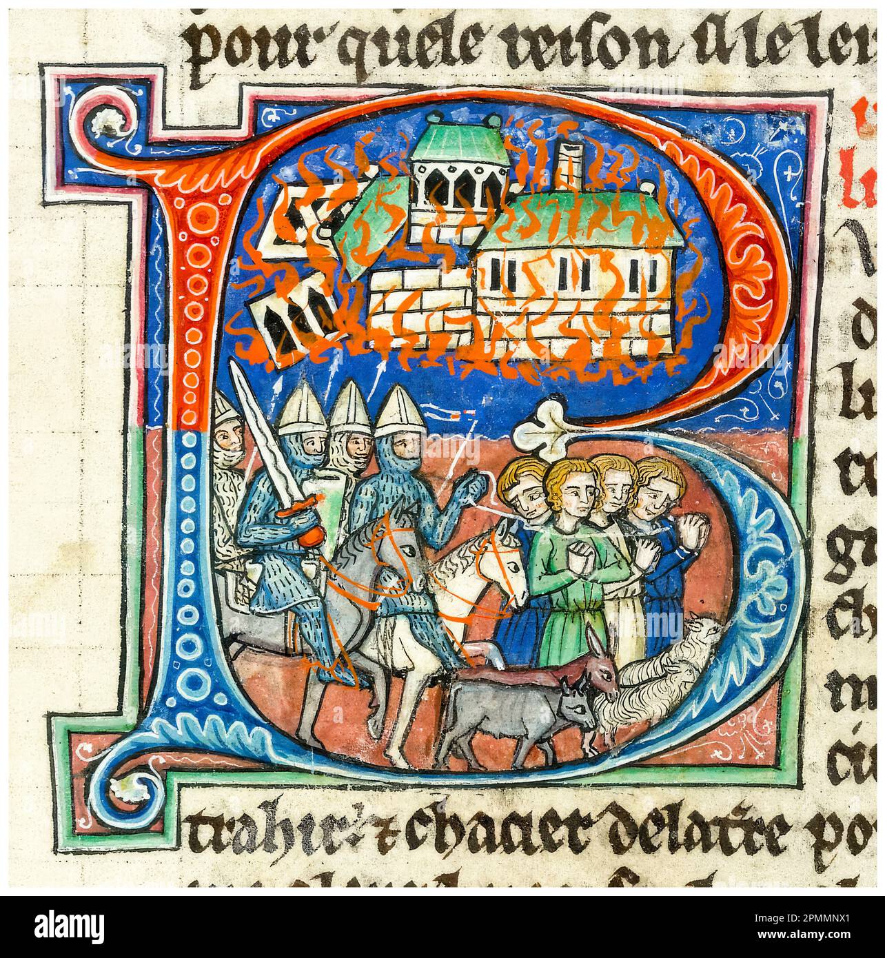 Crusades: Saladin ravaging the Holy Land, historiated initial B, illuminated manuscript painting, before 1299 Stock Photo