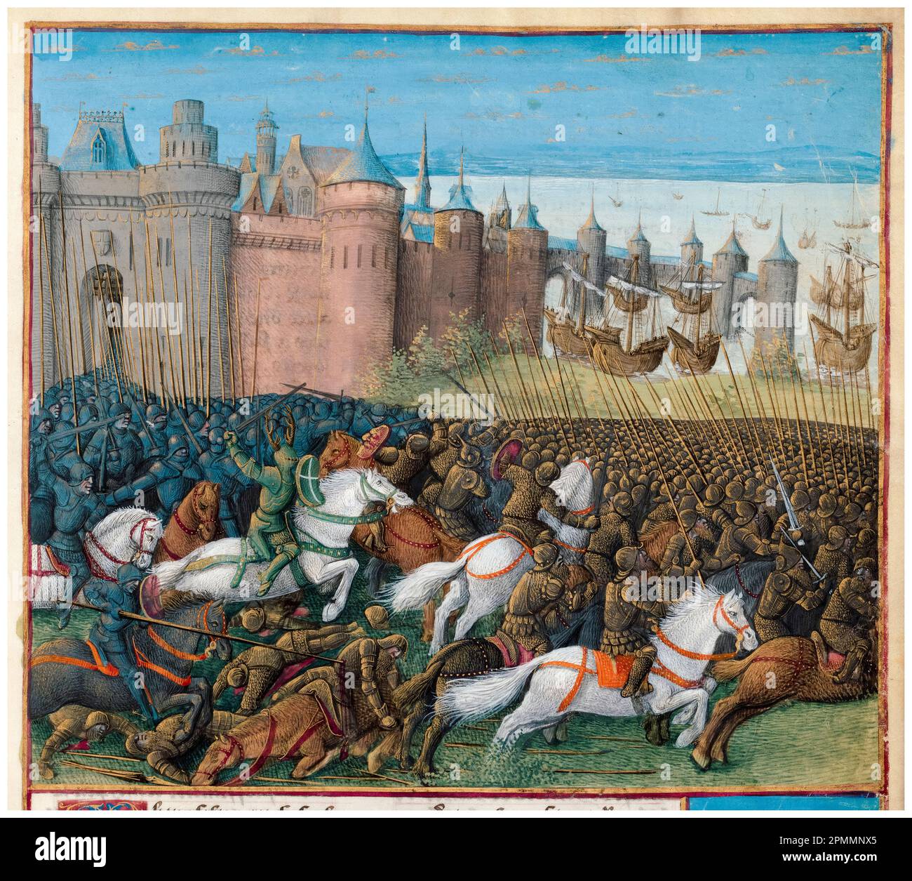 Crusades: The Siege of Tyre (1187-1188), a battle during the Second Crusade, illuminated manuscript painting by Jean Colombe, circa 1474 Stock Photo