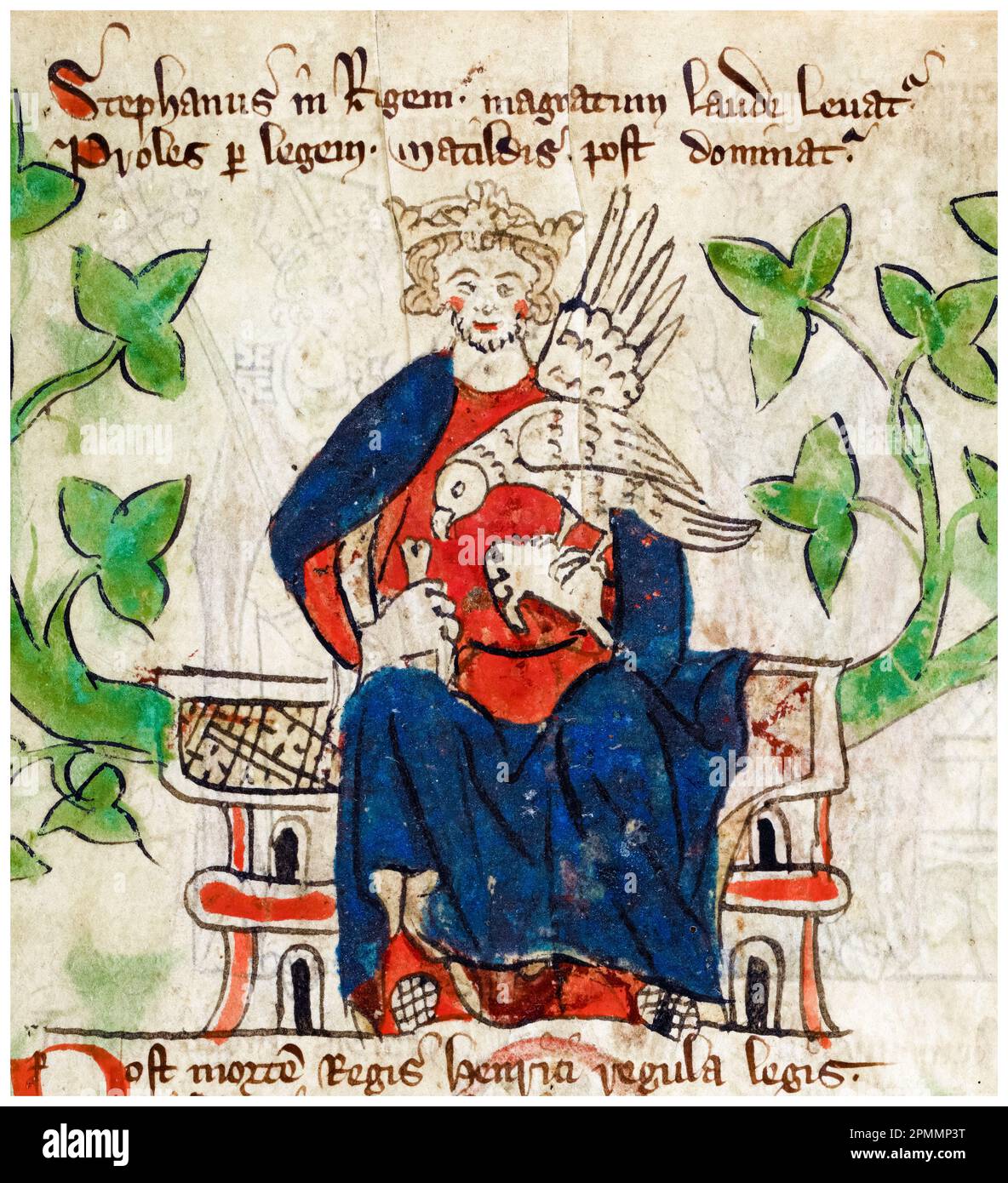 Stephen of Blois, (1092 or 1096-1154), King of England, (1135-1154), with a hawk, illuminated manuscript portrait painting by Peter of Langtoft, 1307-1327 Stock Photo