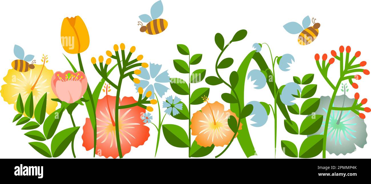 Decorative border made of various summer and spring garden plants with