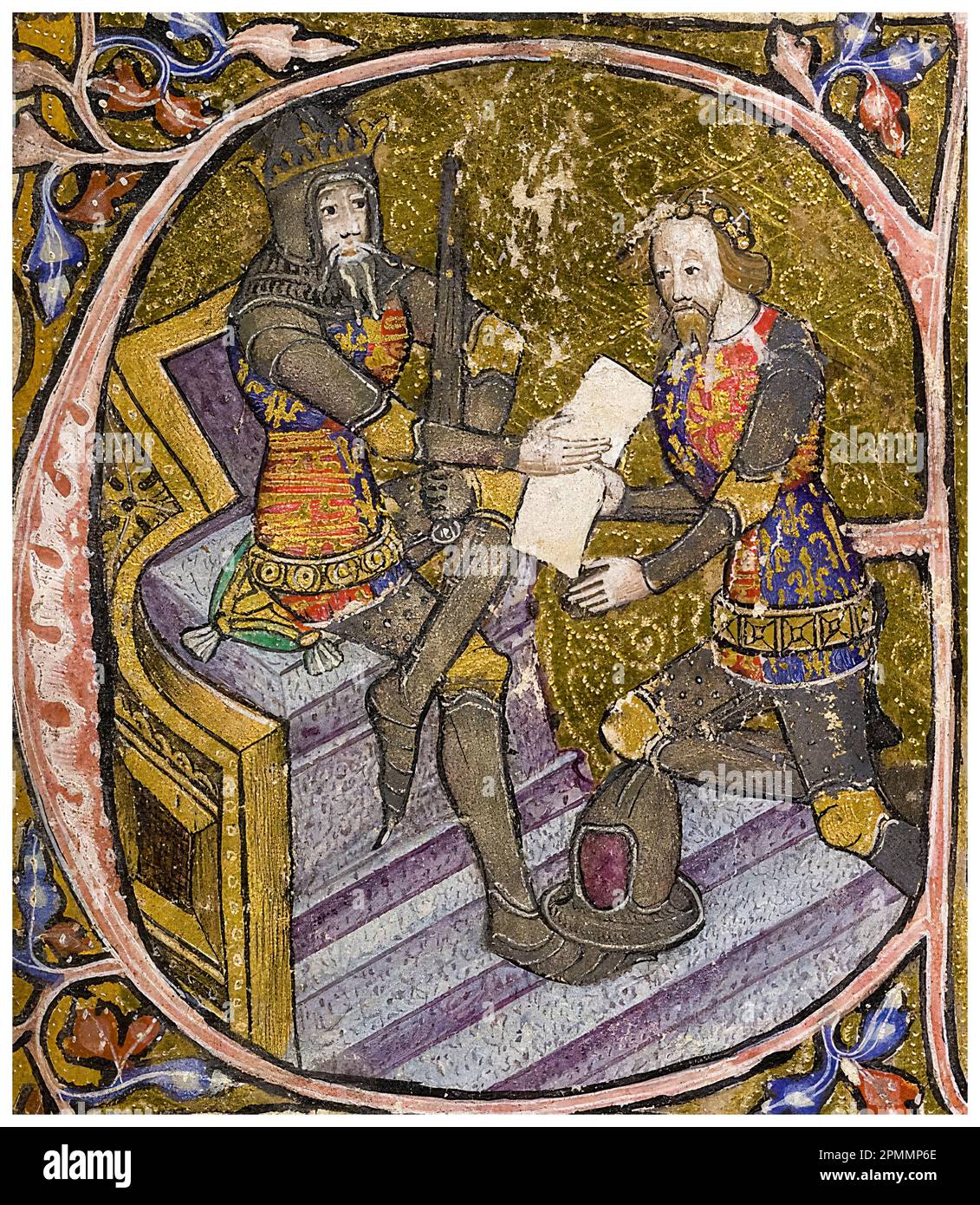 King Edward III of England (1312-1377) grants the gift of Aquitaine & Gascony to his son Edward, The Black Prince, on 19th July 1362, Historiated Initial E, illuminated manuscript painting, 1390 Stock Photo