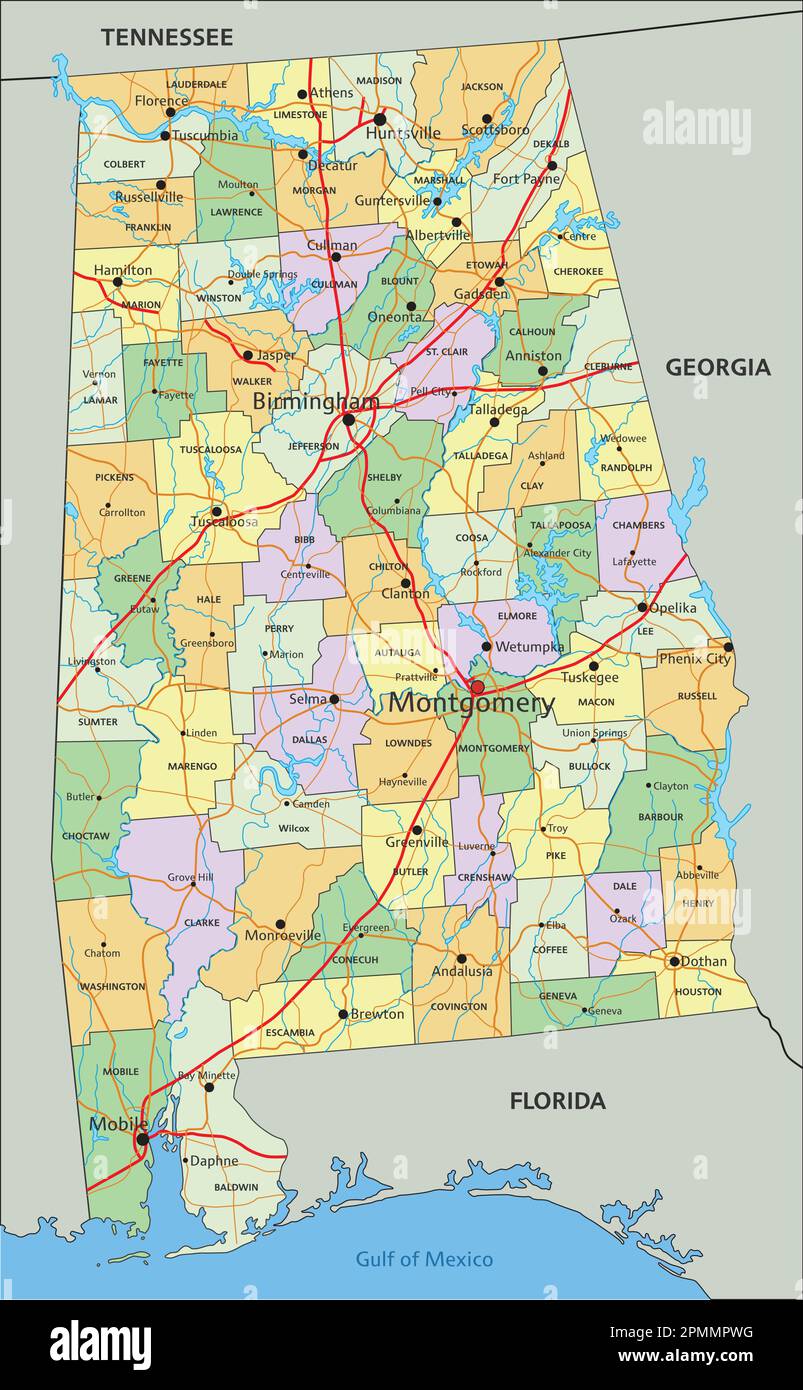 Alabama Highly detailed editable political map with labeling Stock
