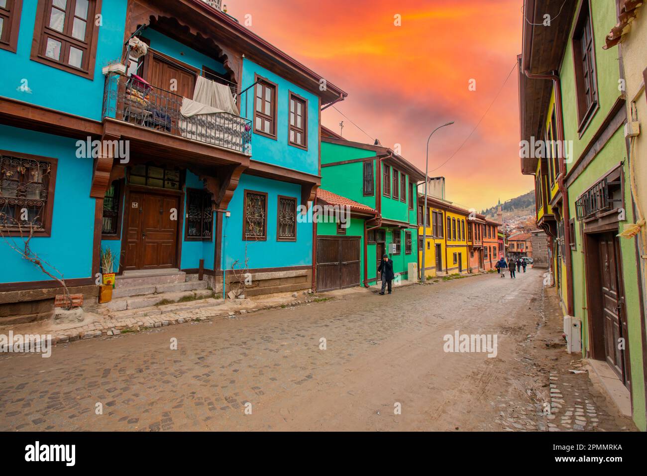 Street with traditional turkish ottoman houses in Afyonkarahisar old town. Stock Photo