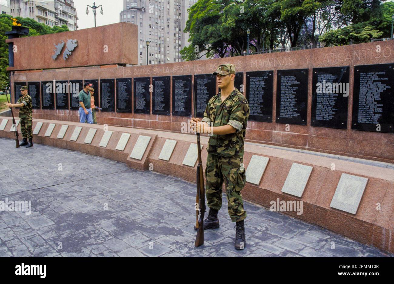 Argentina, Buenos Aires. Malvinas monument with guard. Stock Photo