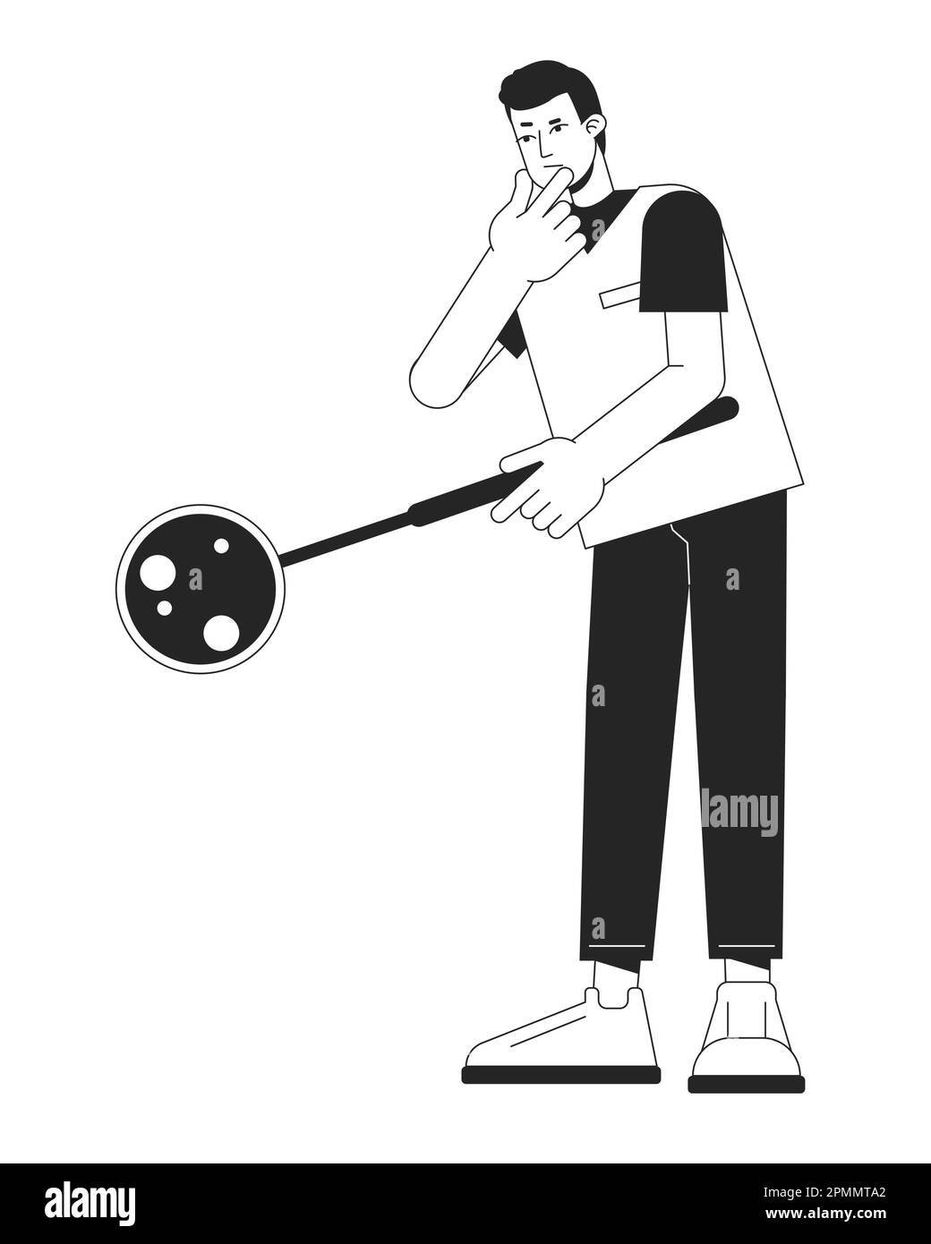 Clinical lab specialist with magnifying glass flat line black white