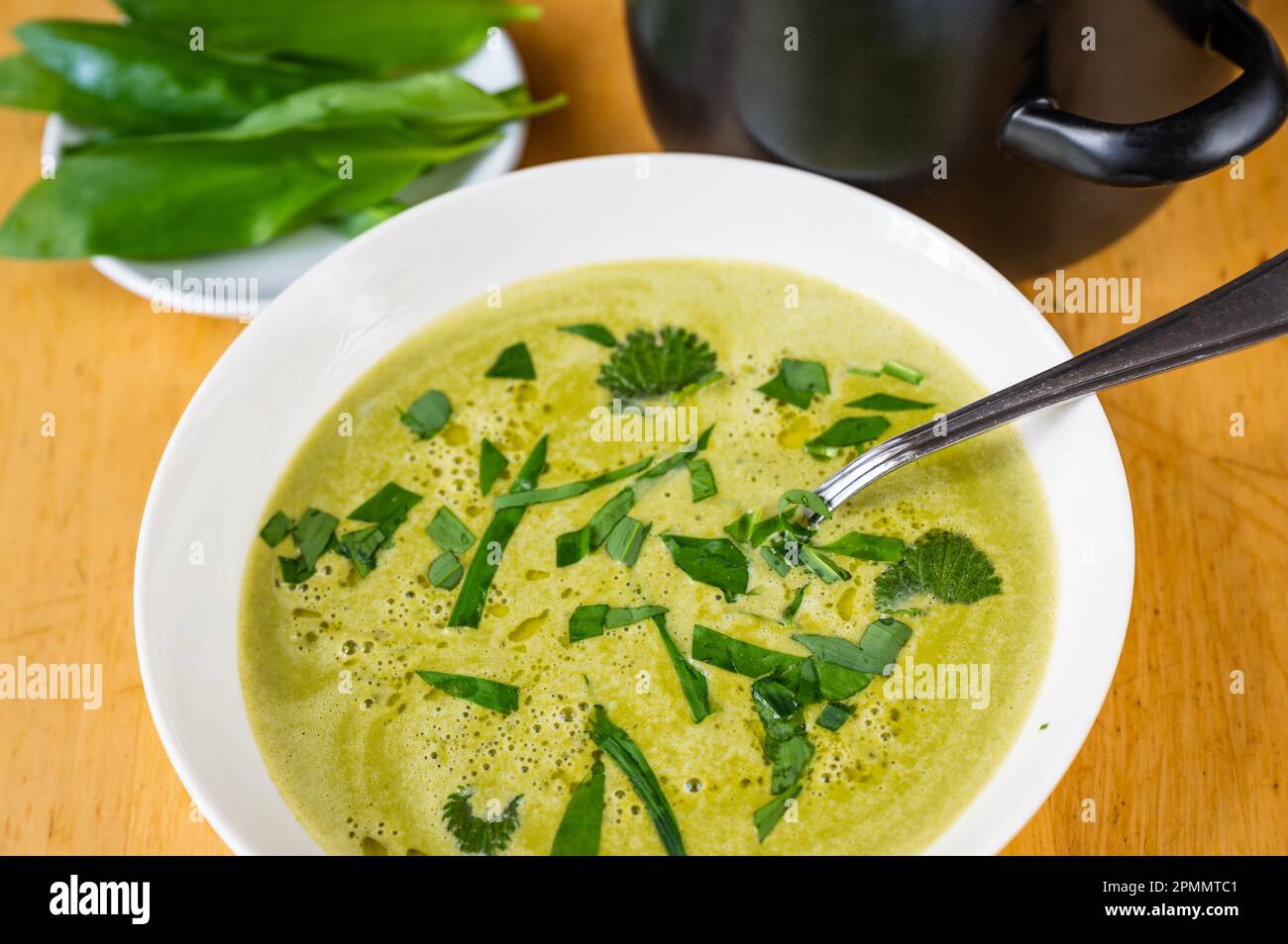 Spring soup from bear garlic and nettle, green leaf, pot on table. Stock Photo