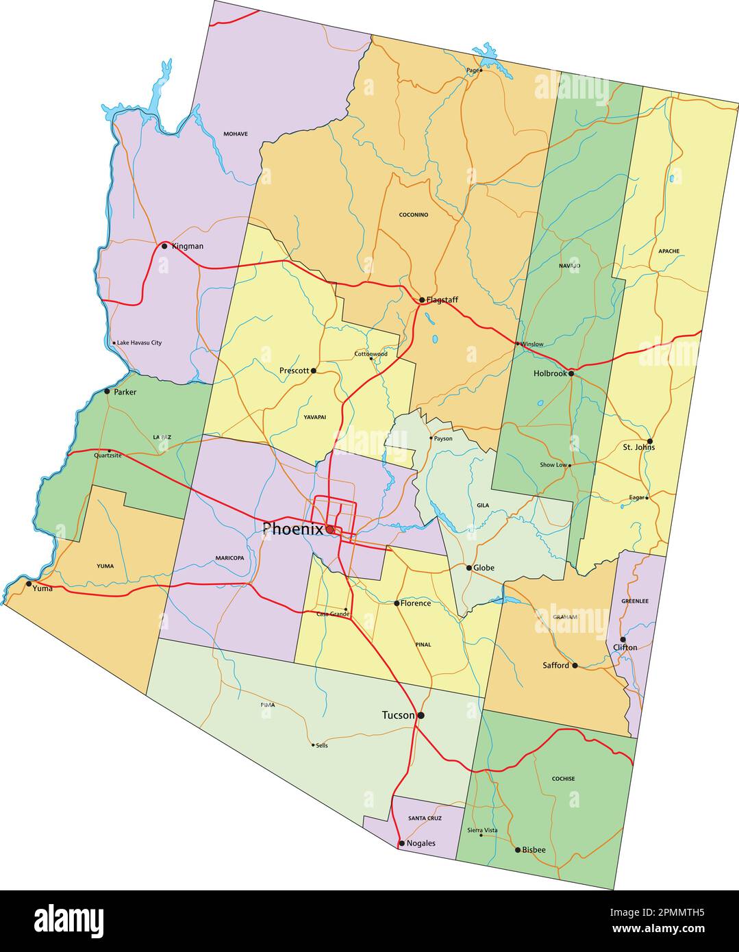 Arizona - Highly detailed editable political map with labeling Stock ...