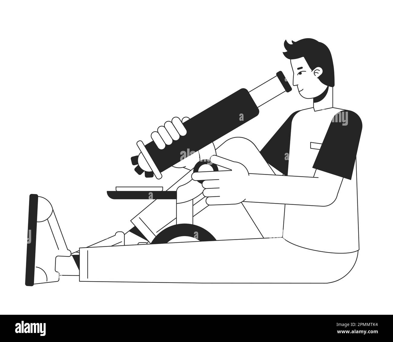 Male lab researcher with microscope flat line black white vector