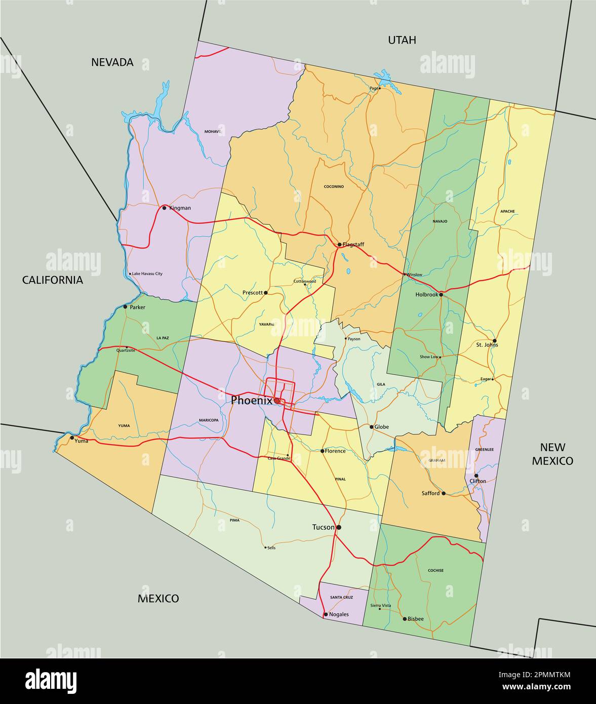 Arizona - Highly detailed editable political map with labeling Stock ...