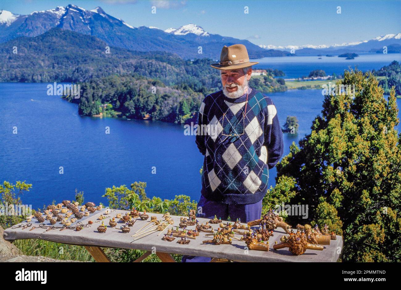 Argentina, Bariloche region. Selling souvenirs to tourists at the lake district and Andes