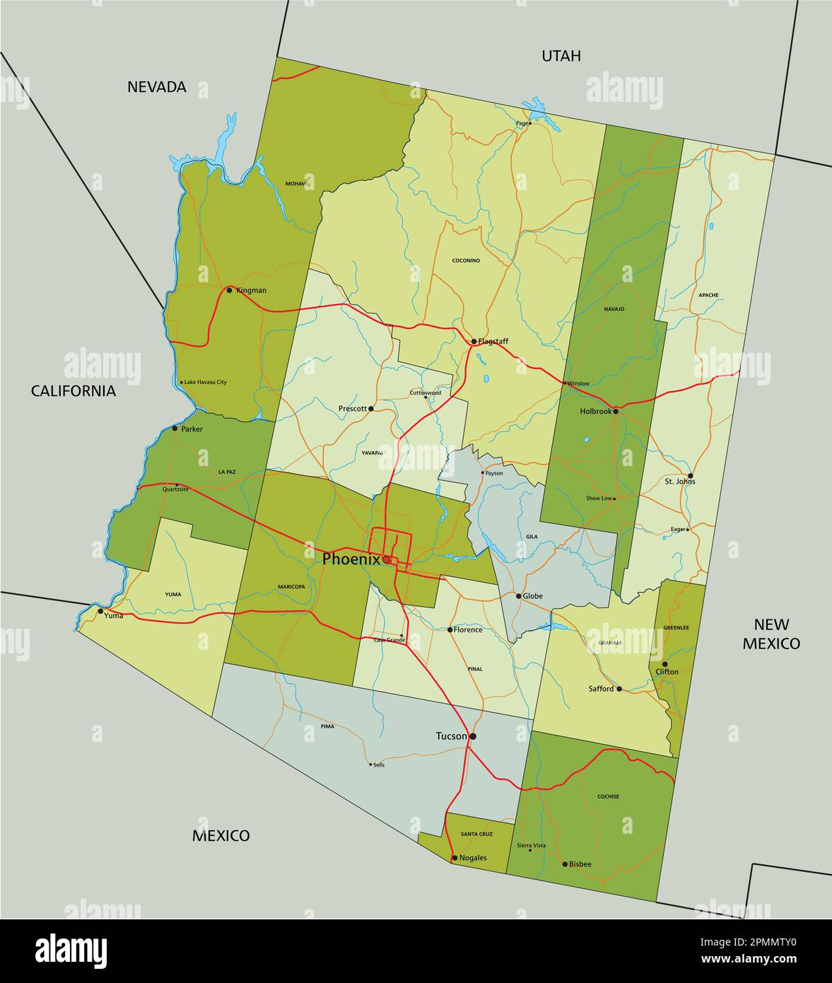 Highly detailed editable political map with separated layers. Arizona ...