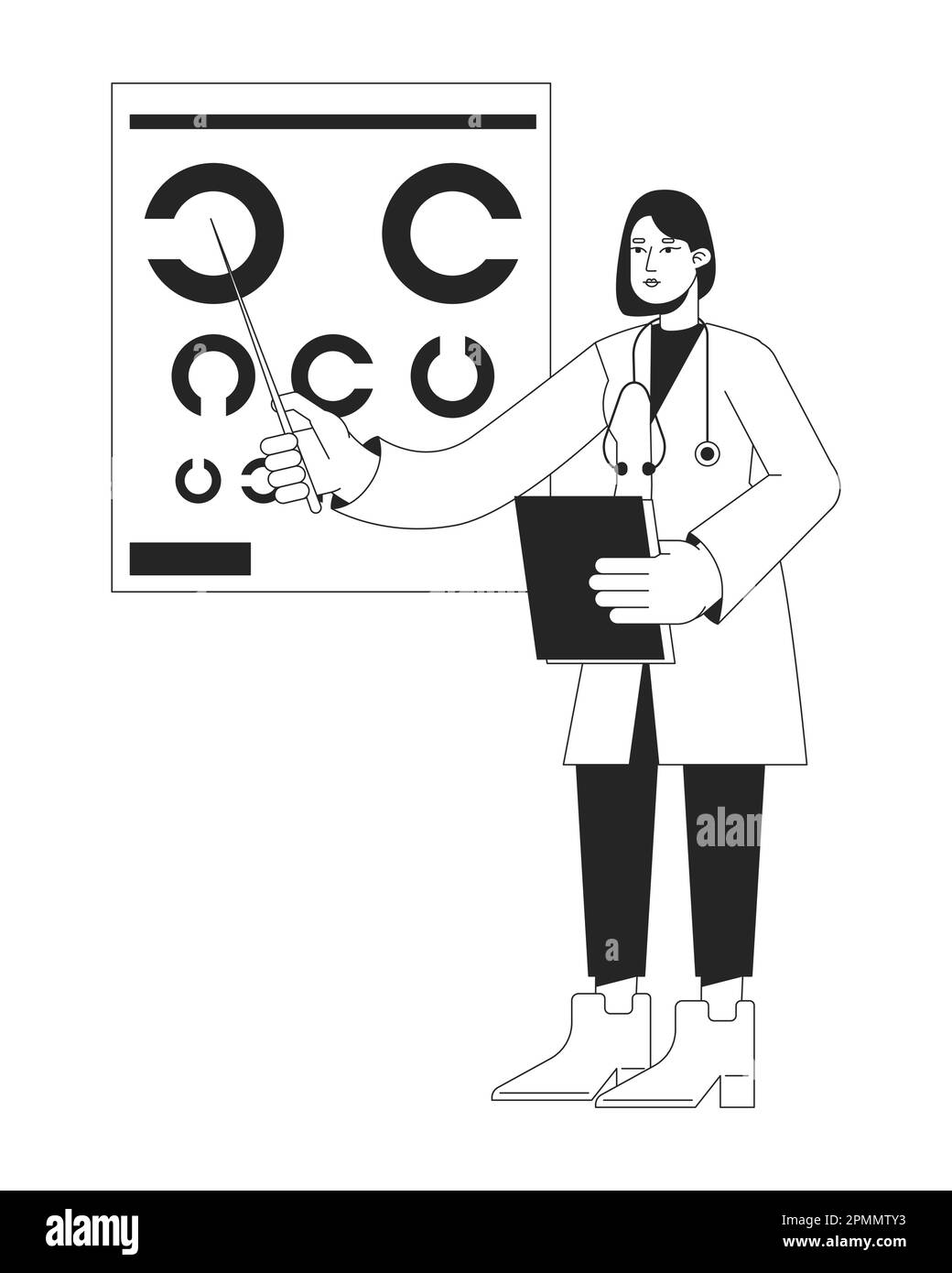 Female ophthalmologist with eye chart flat line black white vector