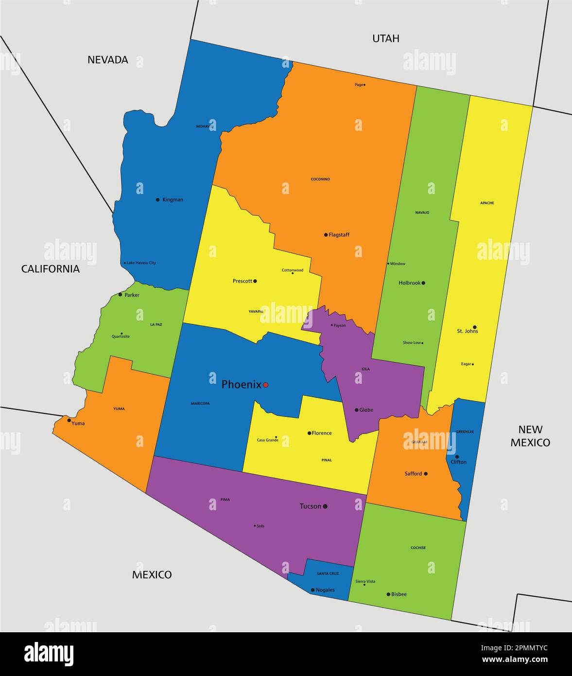 Colorful Arizona Political Map With Clearly Labeled Separated Layers Vector Illustration Stock 