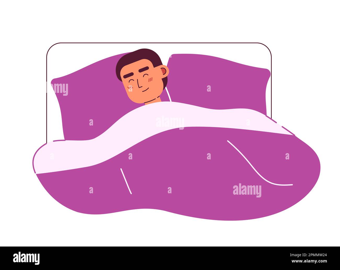Young man sleeping in bed with comfort semi flat colorful vector