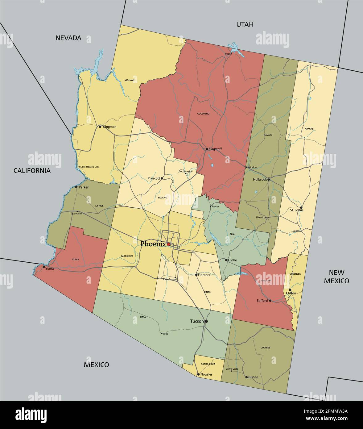 Arizona Highly detailed editable political map with labeling Stock Vector Image & Art Alamy