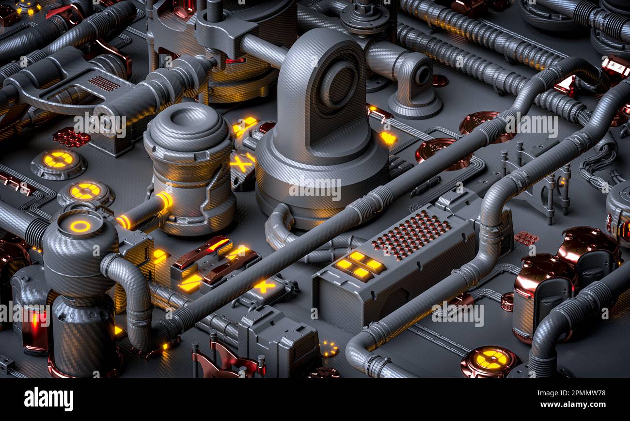 3D render of futuristic mechanical elements in carbon fibre background
