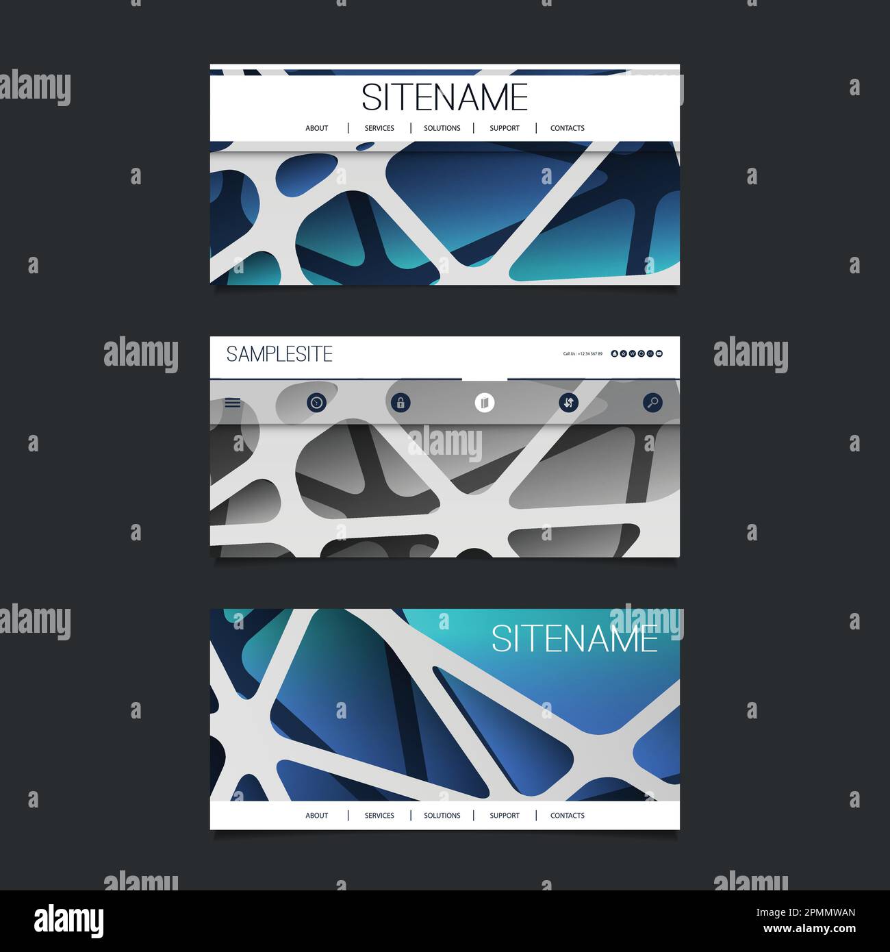 Web Design Elements - Header Design Set with Abstract 3D Blue and Grey Networks Pattern Background Stock Vector