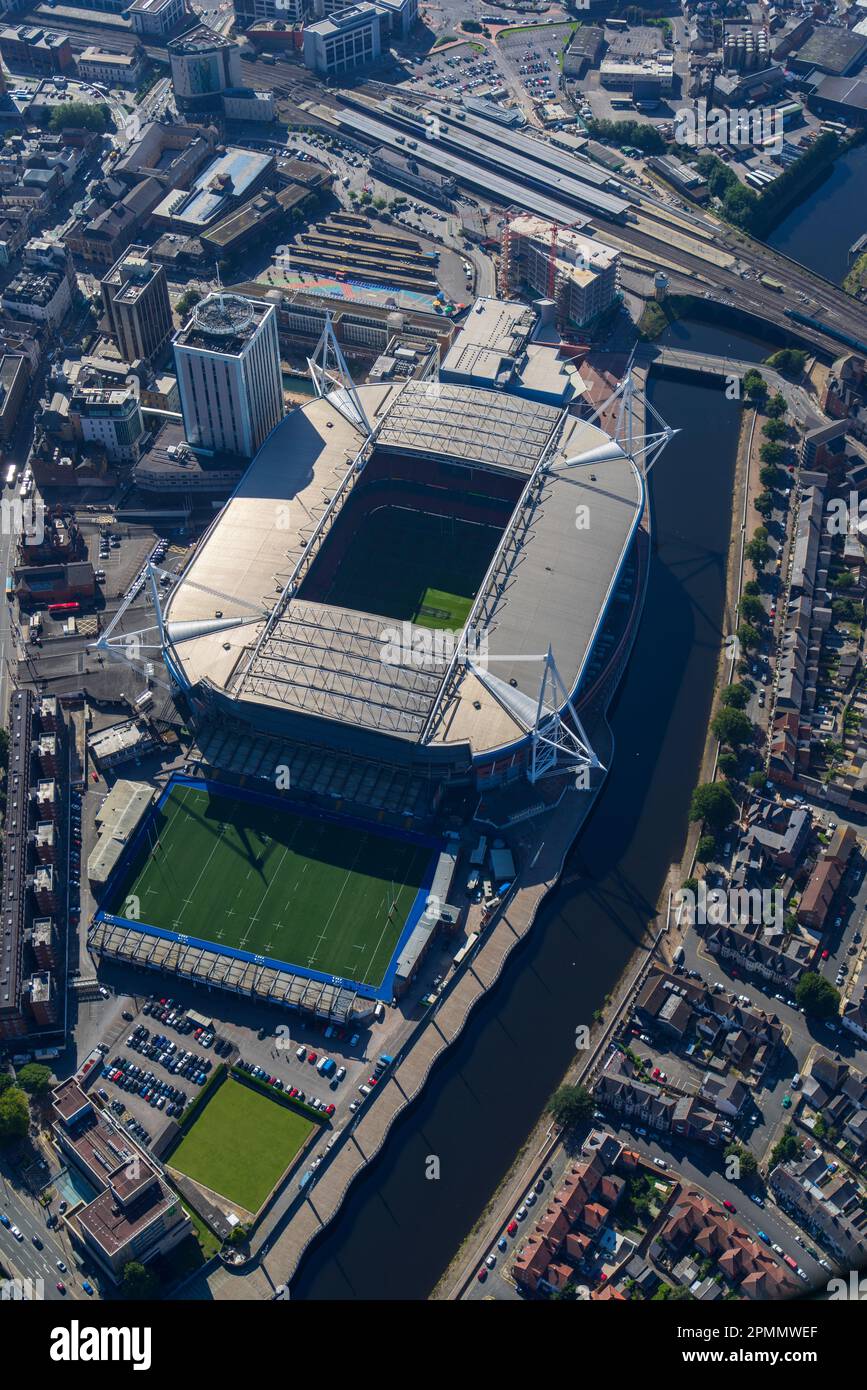 Aerial views of the Principality Stadium in the centre of Cardiff Stock
