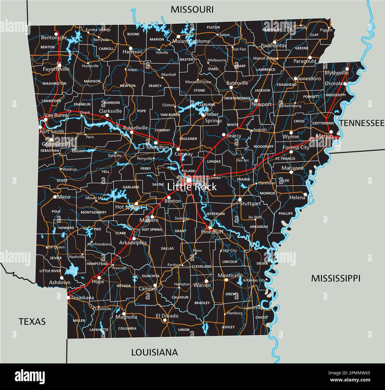 High detailed Arkansas road map with labeling Stock Vector Image & Art