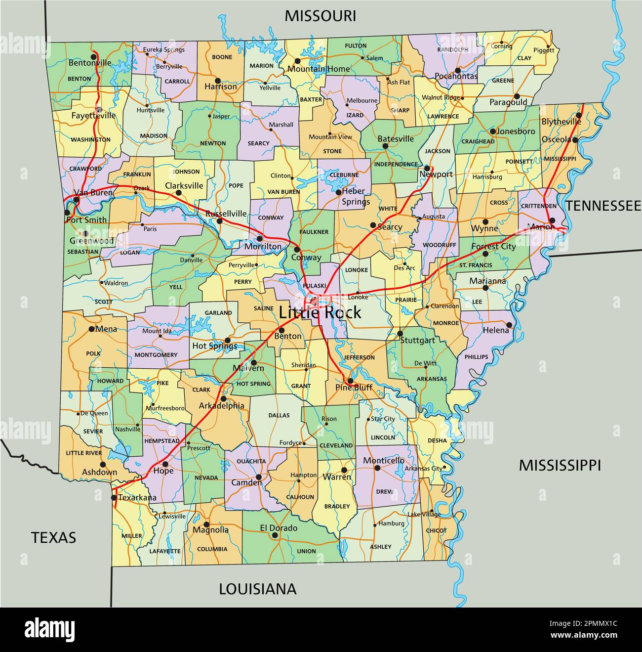 Arkansas - Highly detailed editable political map with labeling Stock ...