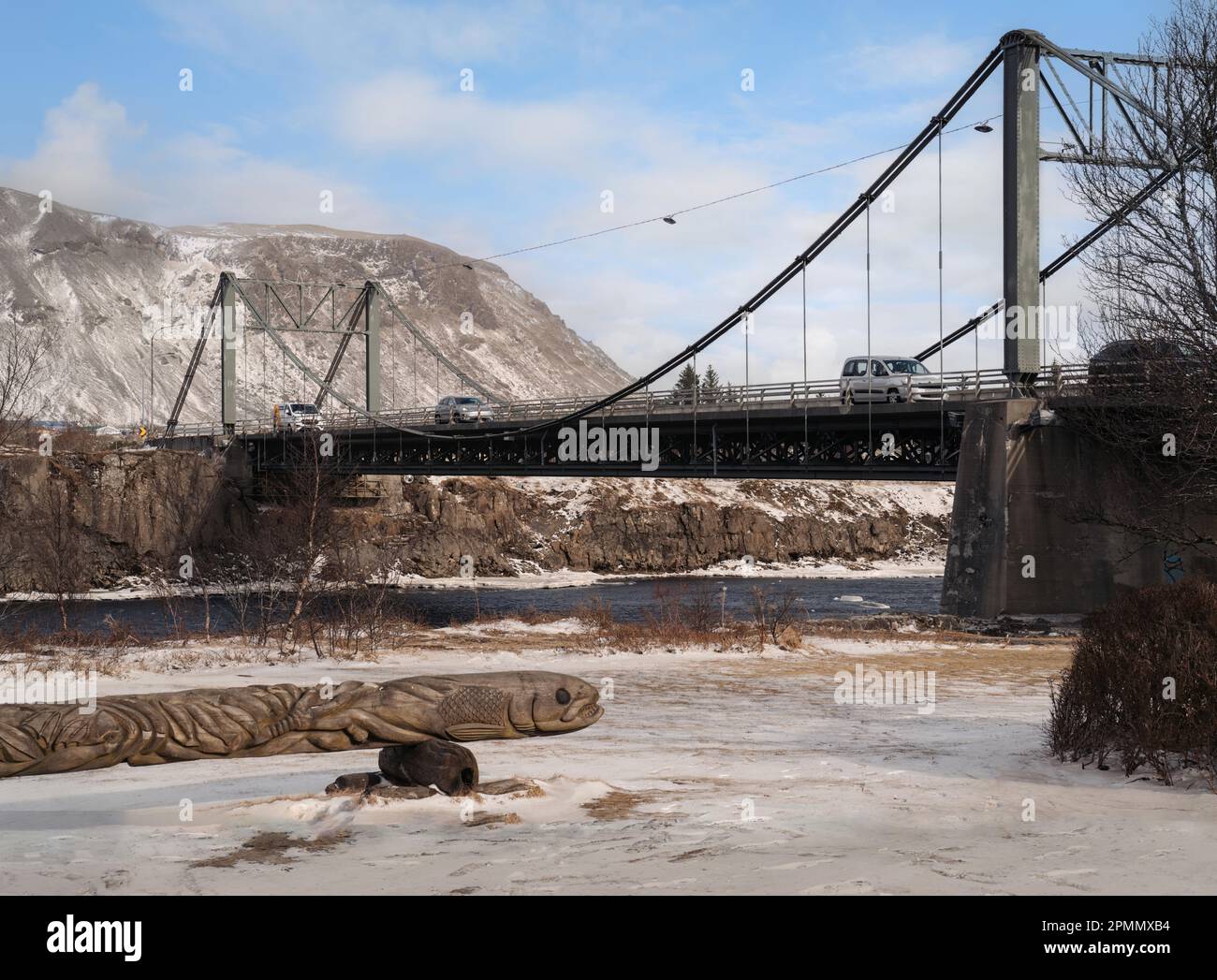 Iceland's iconic Ölfusárbrú bridge a 2lane, 84m vehicular steel wire suspension bridge over
