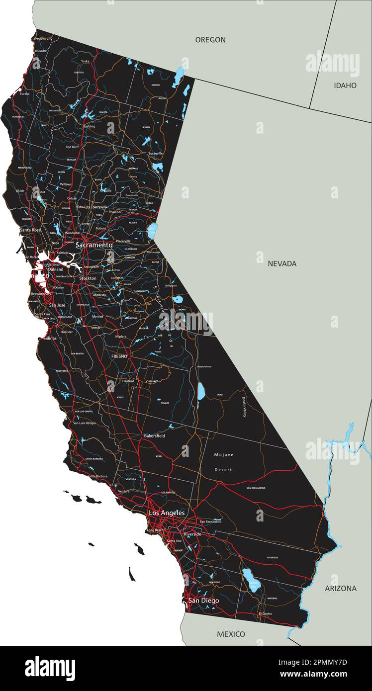 High detailed California road map with labeling Stock Vector Image