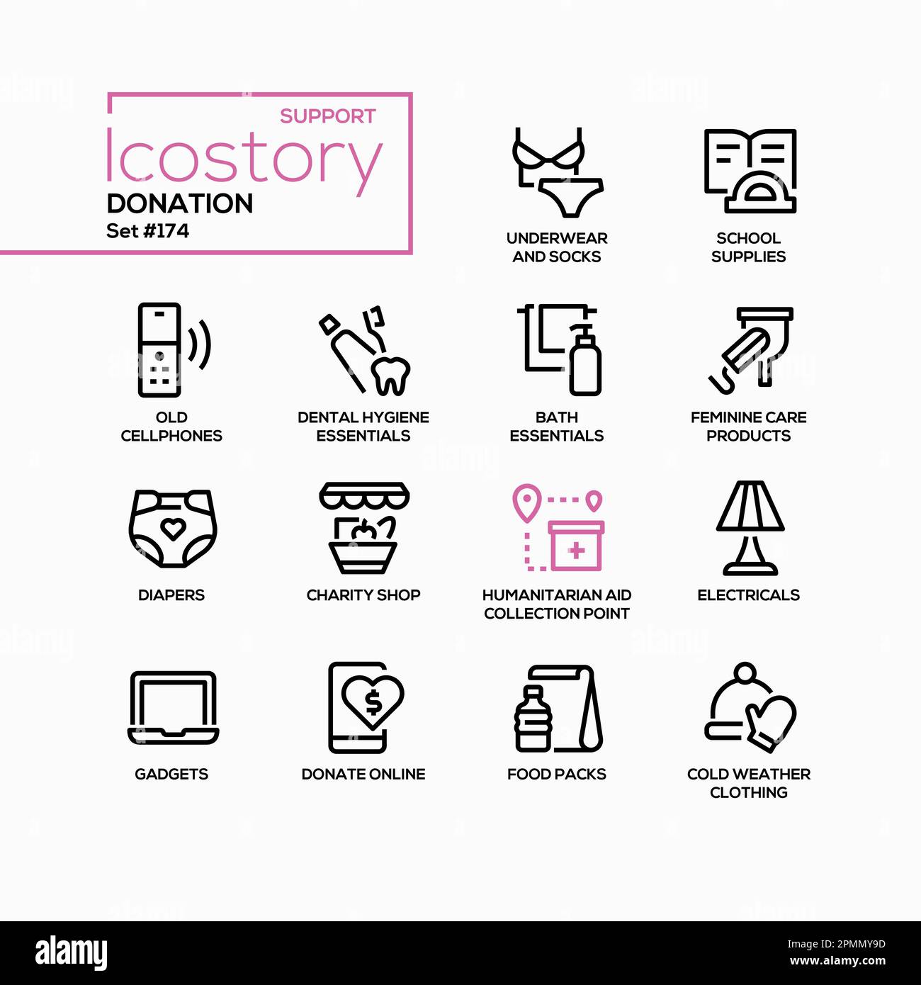 Donations and humanitarian aid - line design style icons set Stock ...