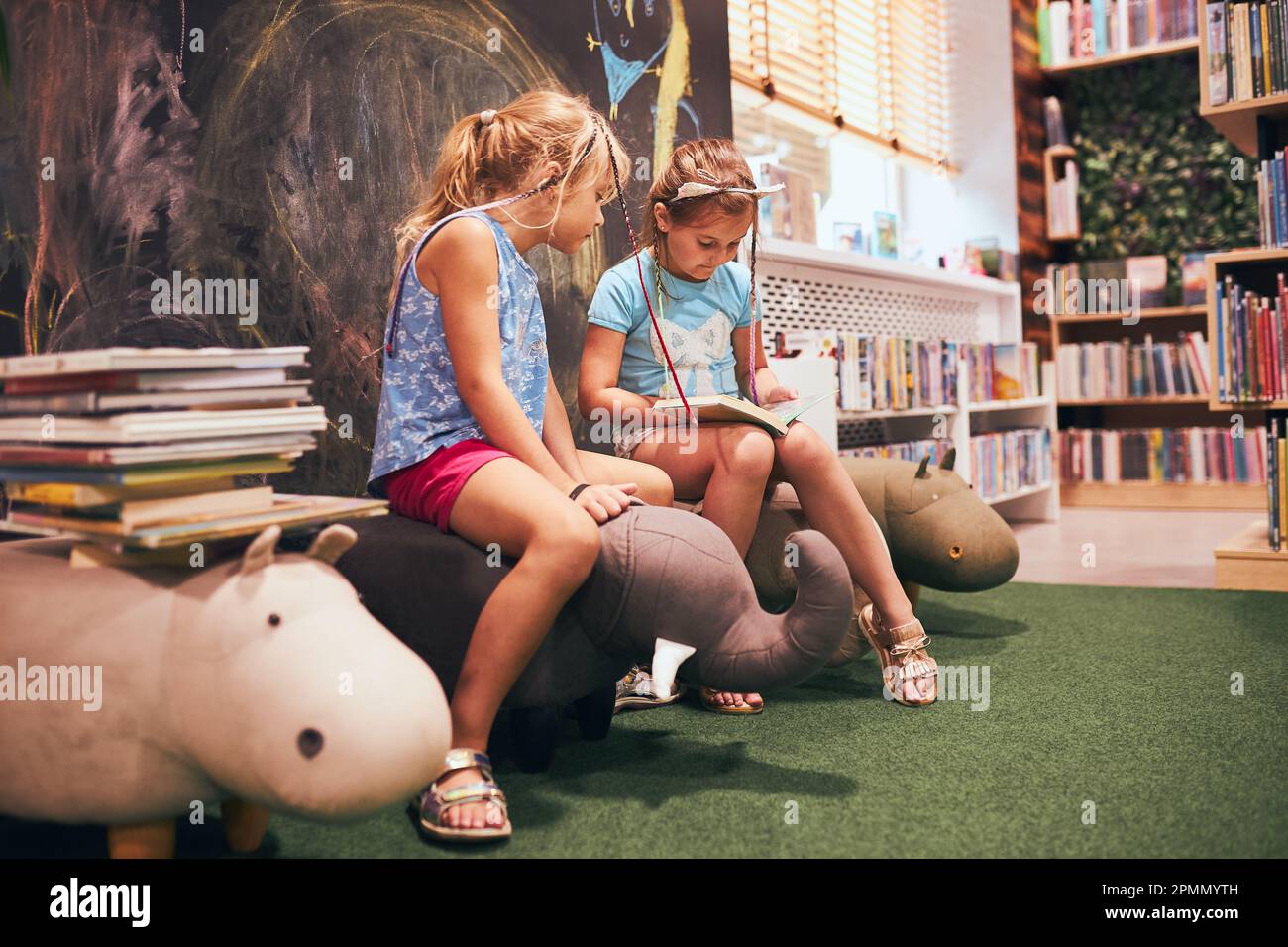 Two schoolgirls reading books in school library. Primary school ...