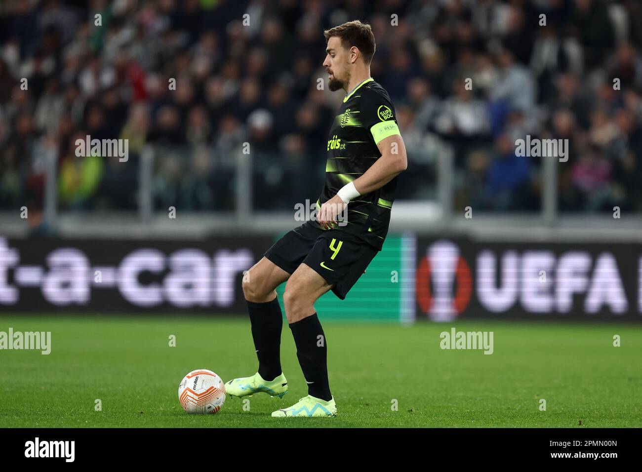 Turin, Italy. 13th Apr, 2023. Sebastian Coates of Sporting Clube de Portugal controls the ball during the Uefa Europa League quarter-final first leg match beetween Juventus Fc and Sporting Clube de Portugal at Allianz Stadium on April 13 2023 in Turin, Italy . Credit: Marco Canoniero/Alamy Live News Stock Photo