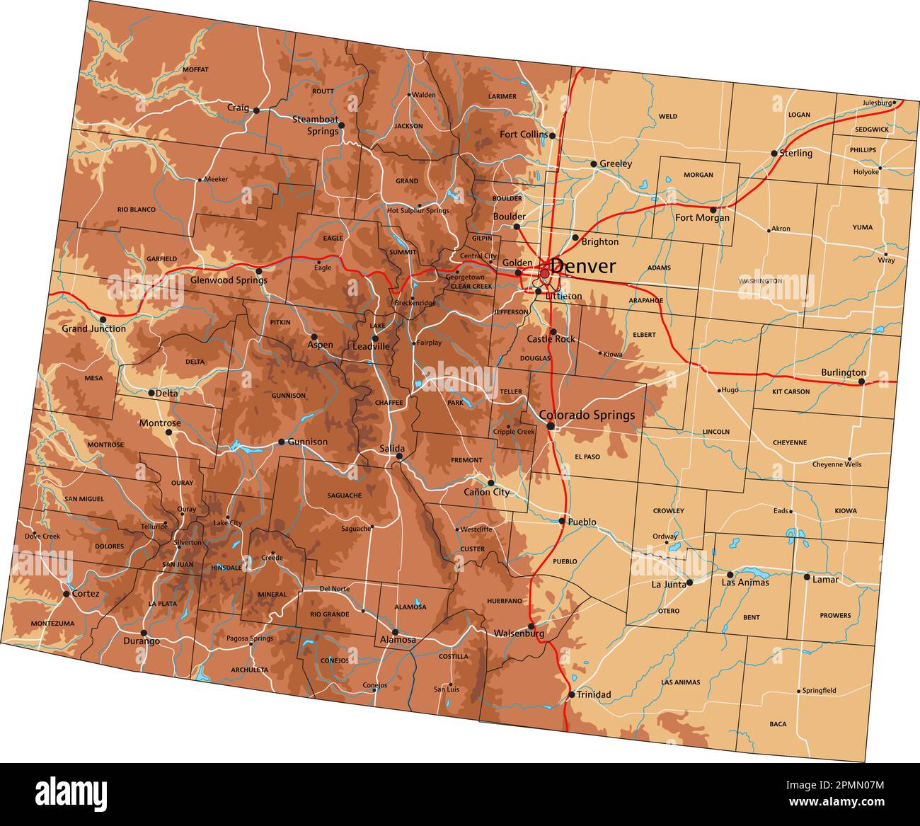 High detailed Colorado physical map with labeling. Stock Vector