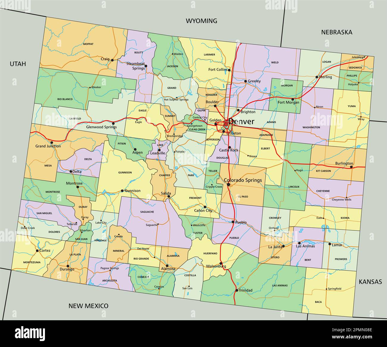 Colorado - Highly detailed editable political map with labeling. Stock Vector