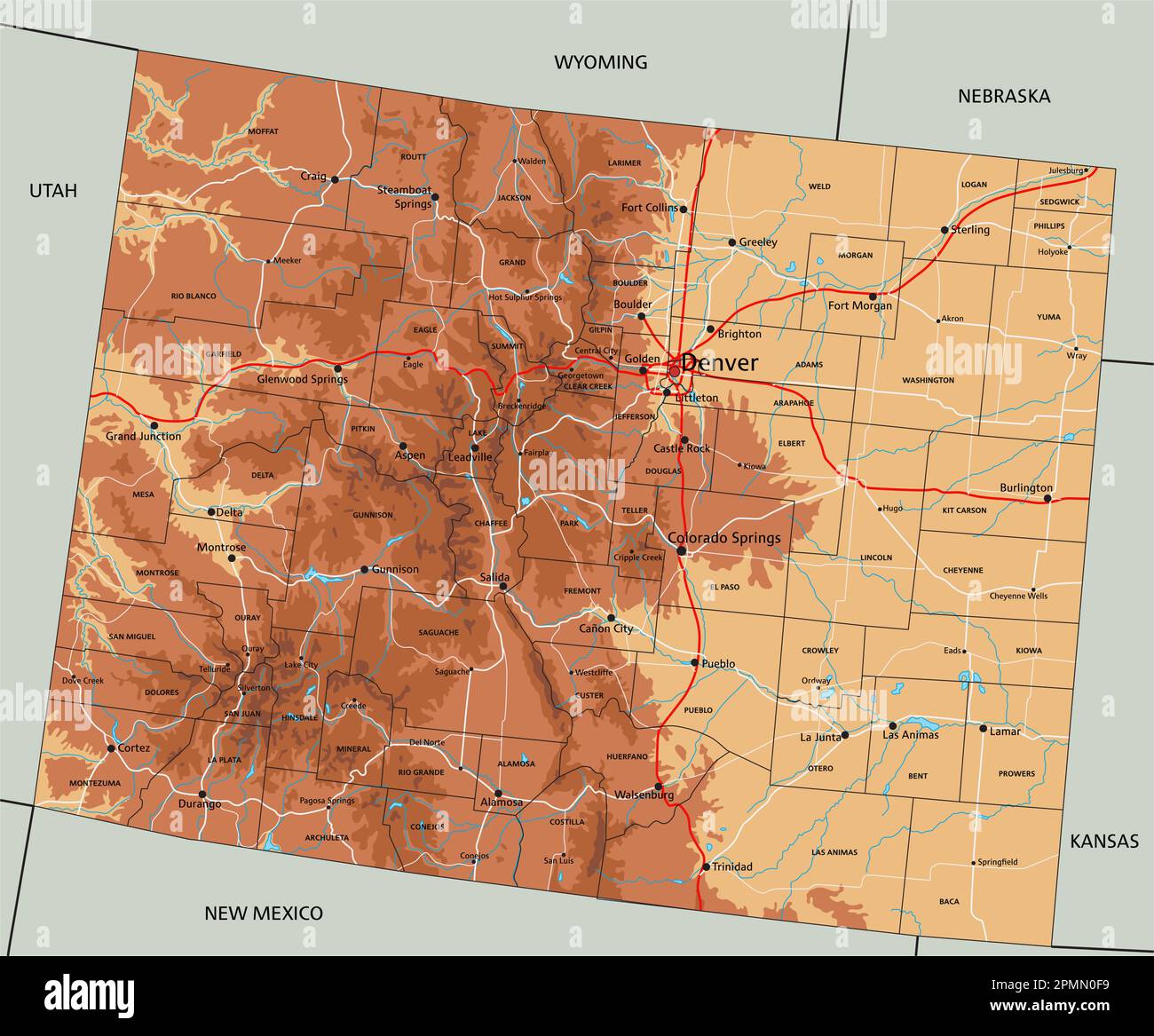 High detailed Colorado physical map with labeling. Stock Vector