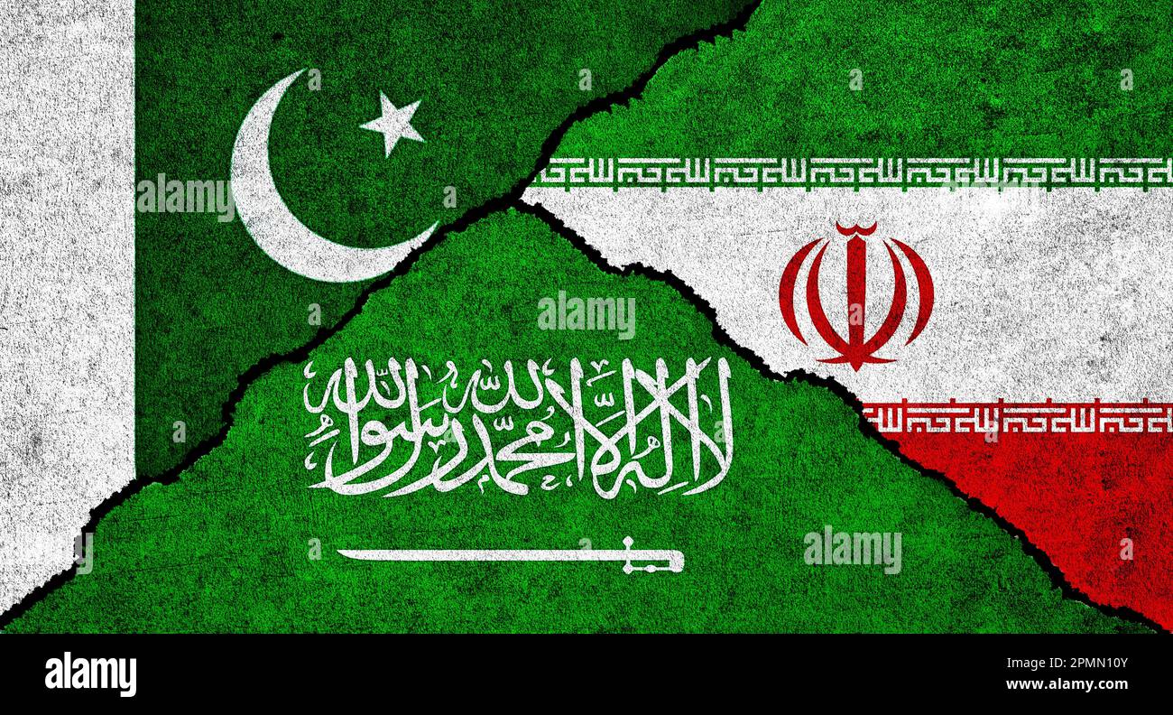 Saudi Arabia, Iran and Pakistan flag together on a textured background. Diplomatic relations between Pakistan, Iran and Saudi Arabia concept Stock Photo