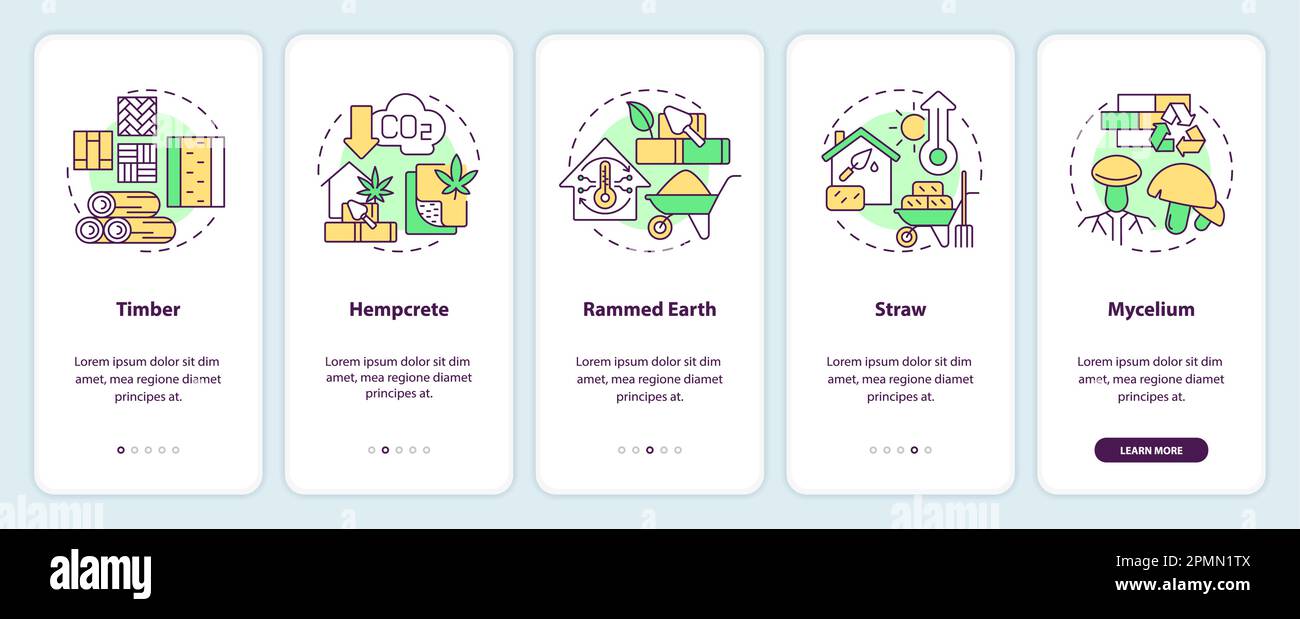 Bio based materials in construction onboarding mobile app screen Stock Vector