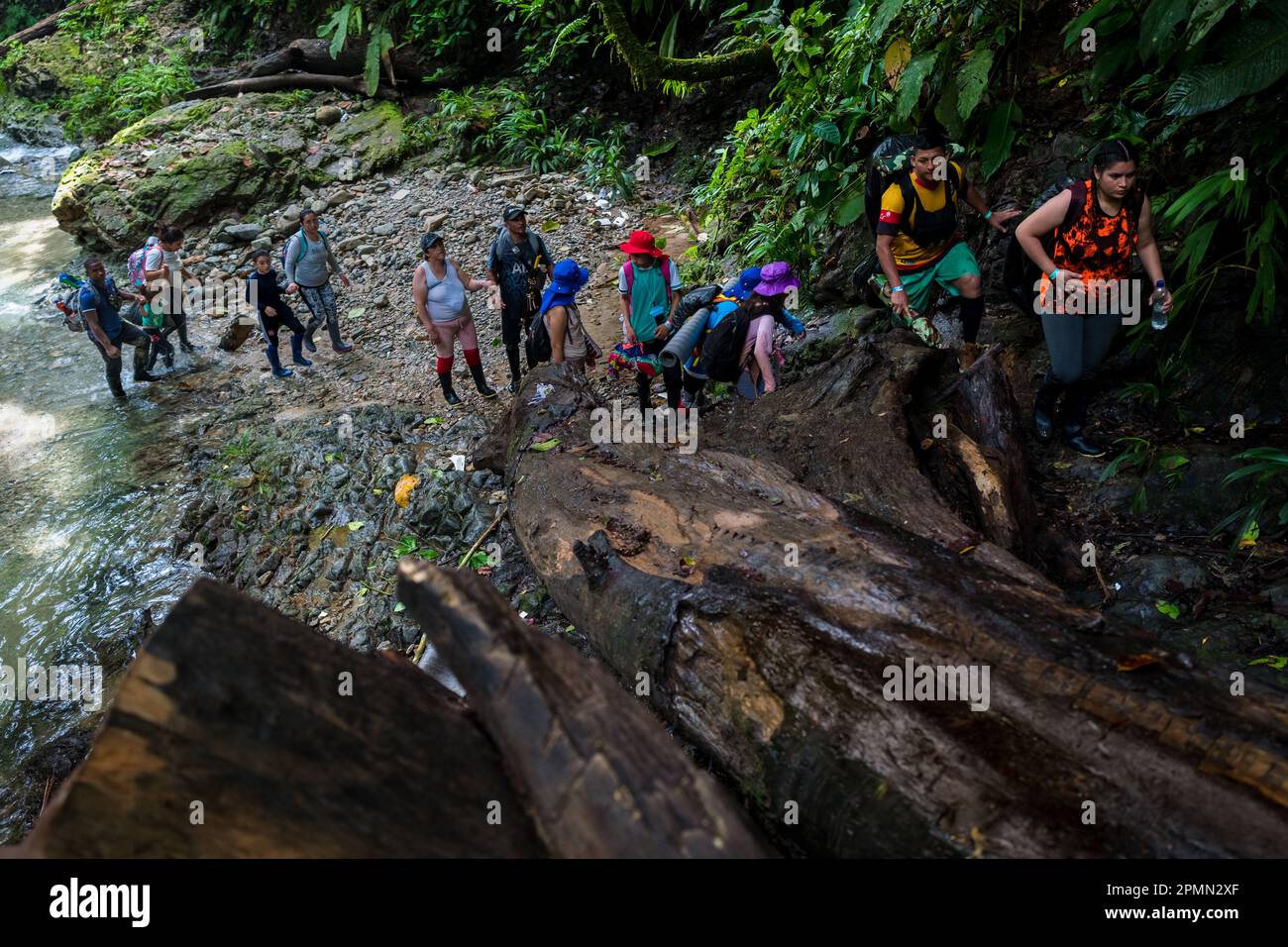 Ecuadorian migrants climb a rocky trail in the wild and dangerous jungle of the Darién Gap between Colombia and Panamá. Stock Photo