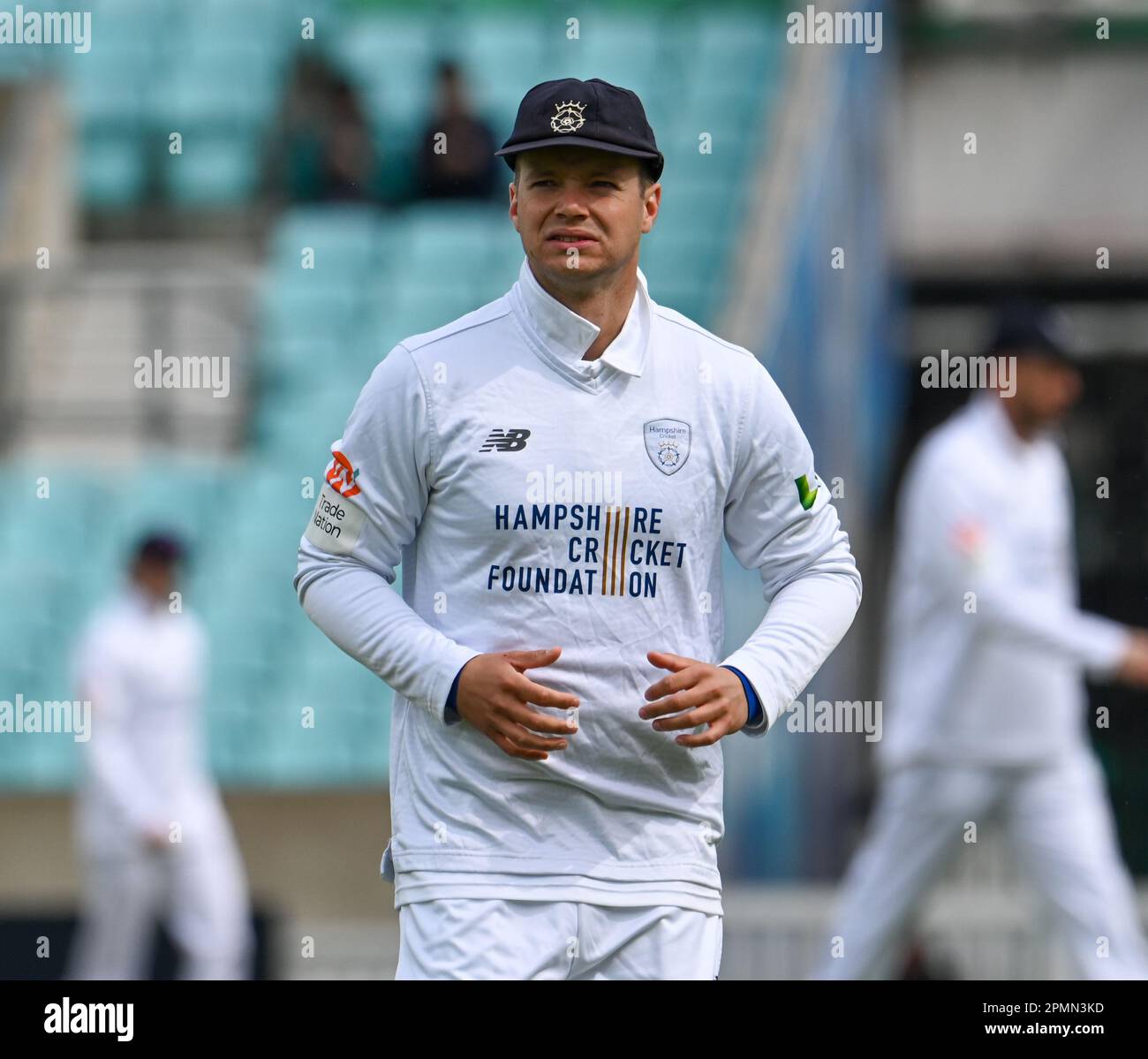 Oval, England. 14 April, 2023. Pictures left to right, Felix Organ of Hampshire County Cricket Club at the LV= County Championship match between Surrey CCC versus Hampshire CCC. Credit: Nigel Bramley/Alamy Live News Stock Photo