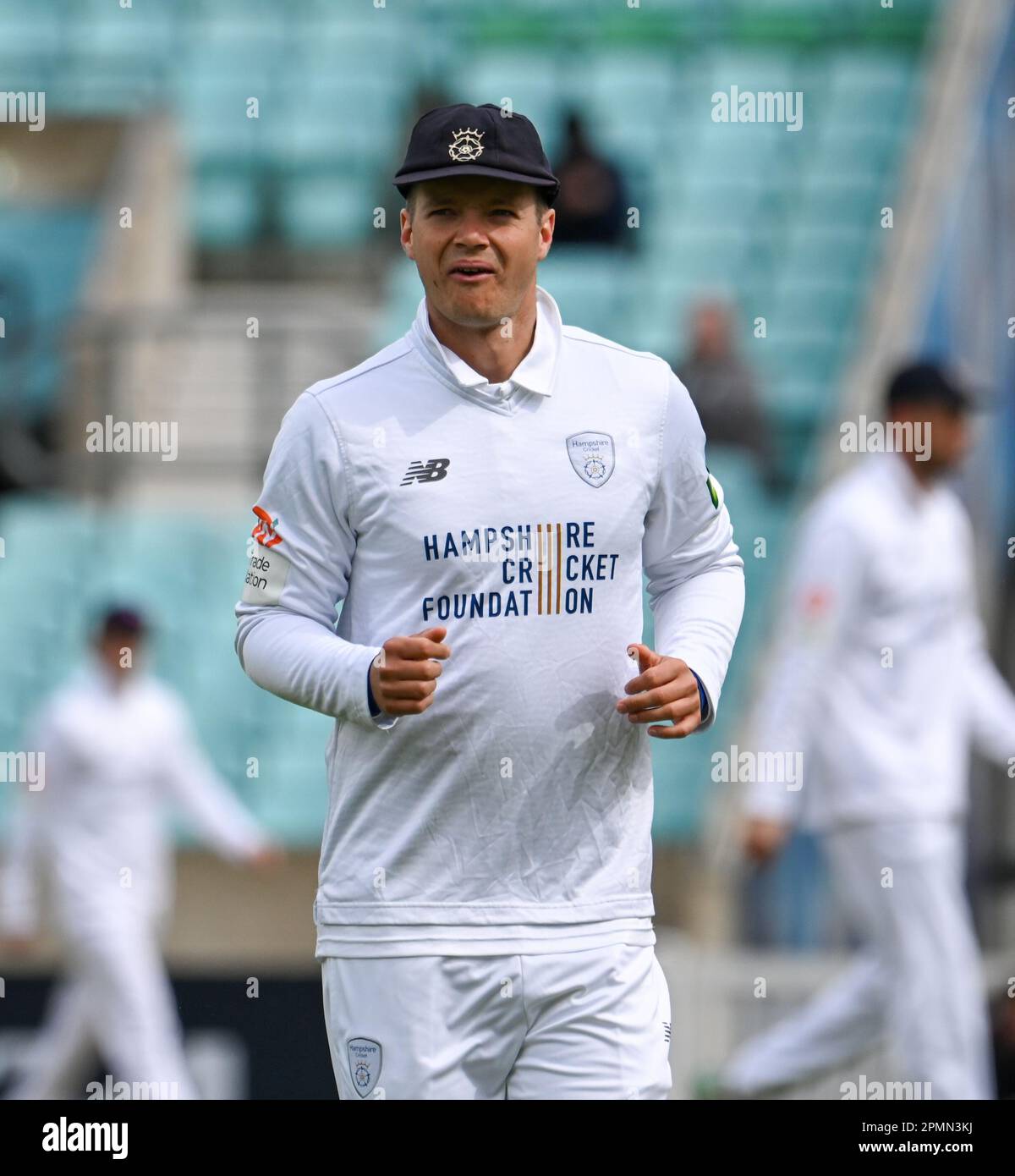 Oval, England. 14 April, 2023. Pictures left to right, Felix Organ of Hampshire County Cricket Club at the LV= County Championship match between Surrey CCC versus Hampshire CCC. Credit: Nigel Bramley/Alamy Live News Stock Photo